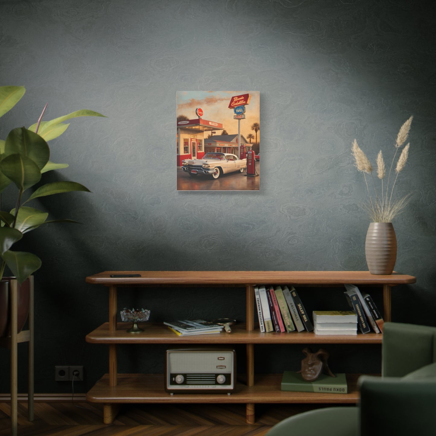 Vintage Car Canvas Art Print featuring a classic car in a retro gas station setting