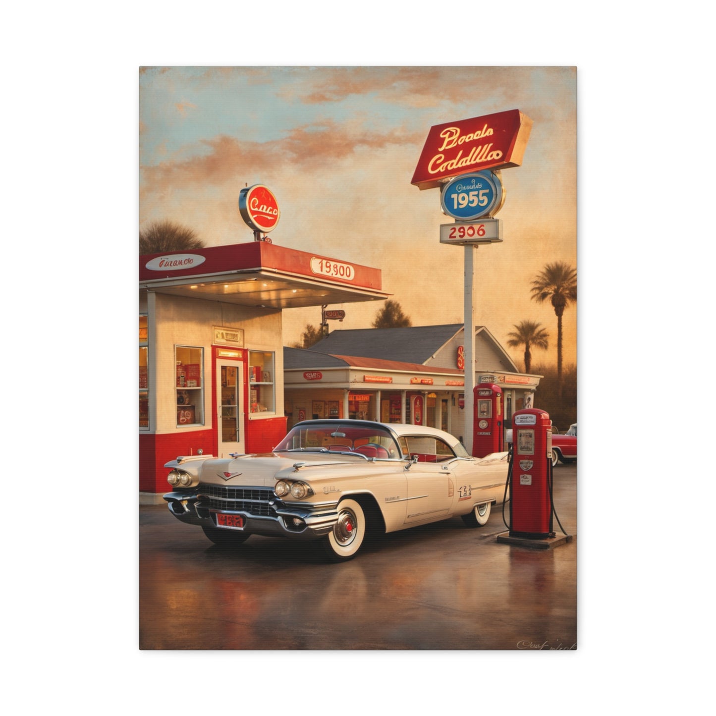 Vintage Car Canvas Art Print featuring a classic car at a vintage gas station with a beautiful sunset backdrop