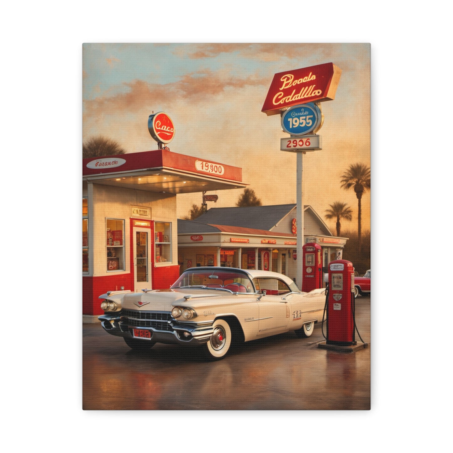 Vintage Car Canvas Art Print featuring a retro Cadillac at a retro gas station