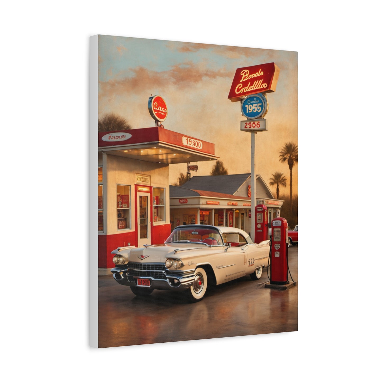Vintage Car Canvas Art Print featuring a classic car at a retro gas station scene