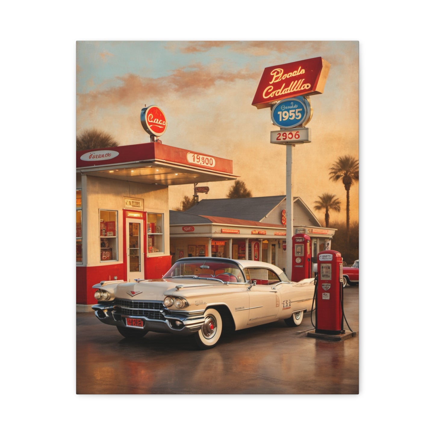 Vintage Car Canvas Art Print featuring a nostalgic car at a retro gas station