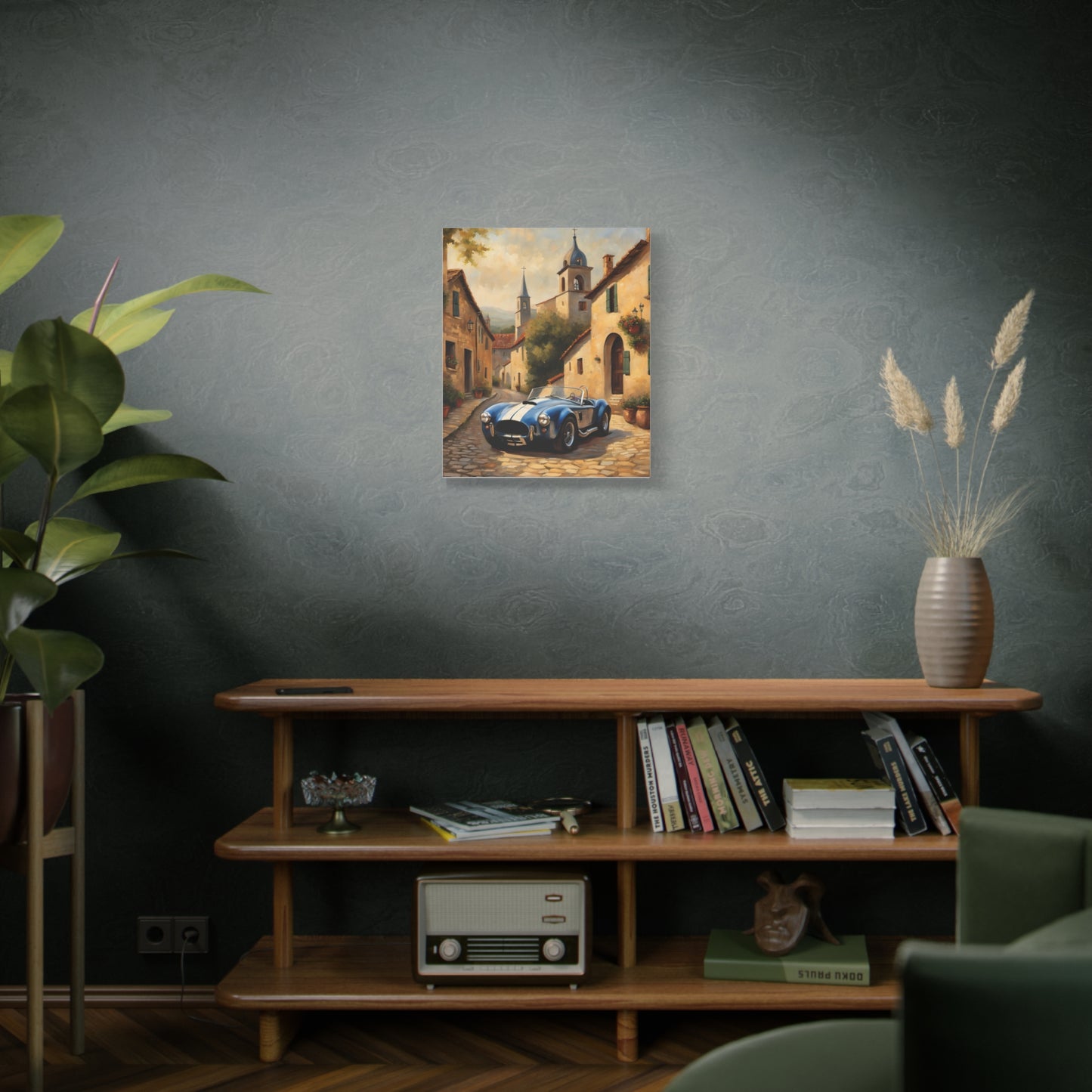 Vintage Car Canvas Art Print displayed on a wall with plants and a wooden shelf in a cozy living room