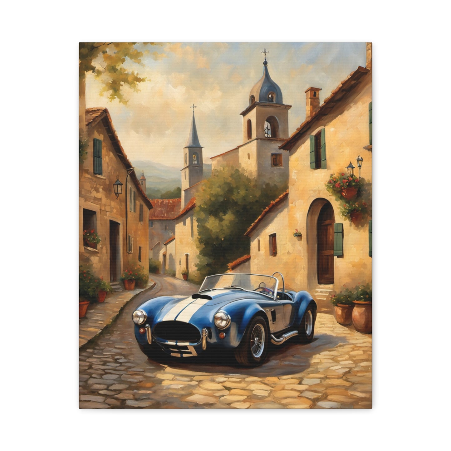 Vintage Car Canvas Art Print featuring a blue sports car in a charming village setting
