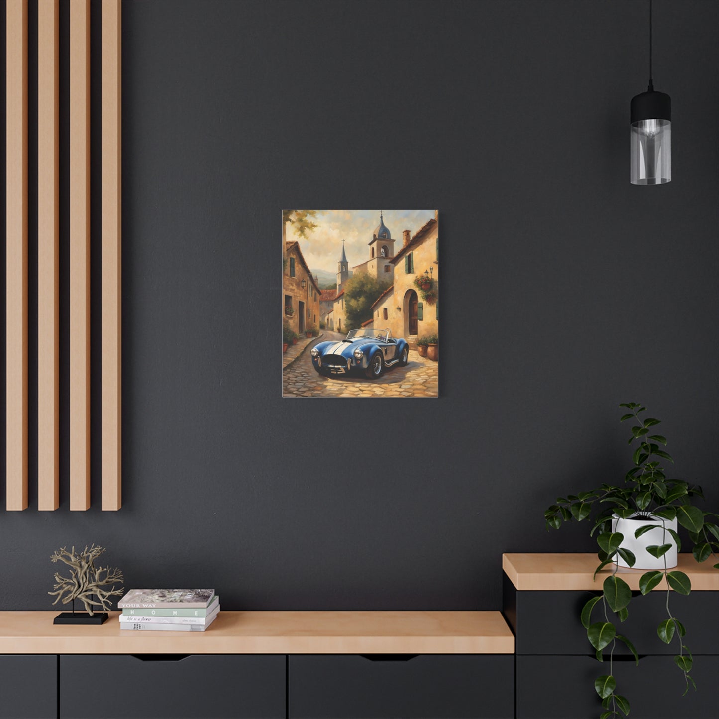 Vintage Car Canvas Art Print featuring a classic blue car in a charming street scene