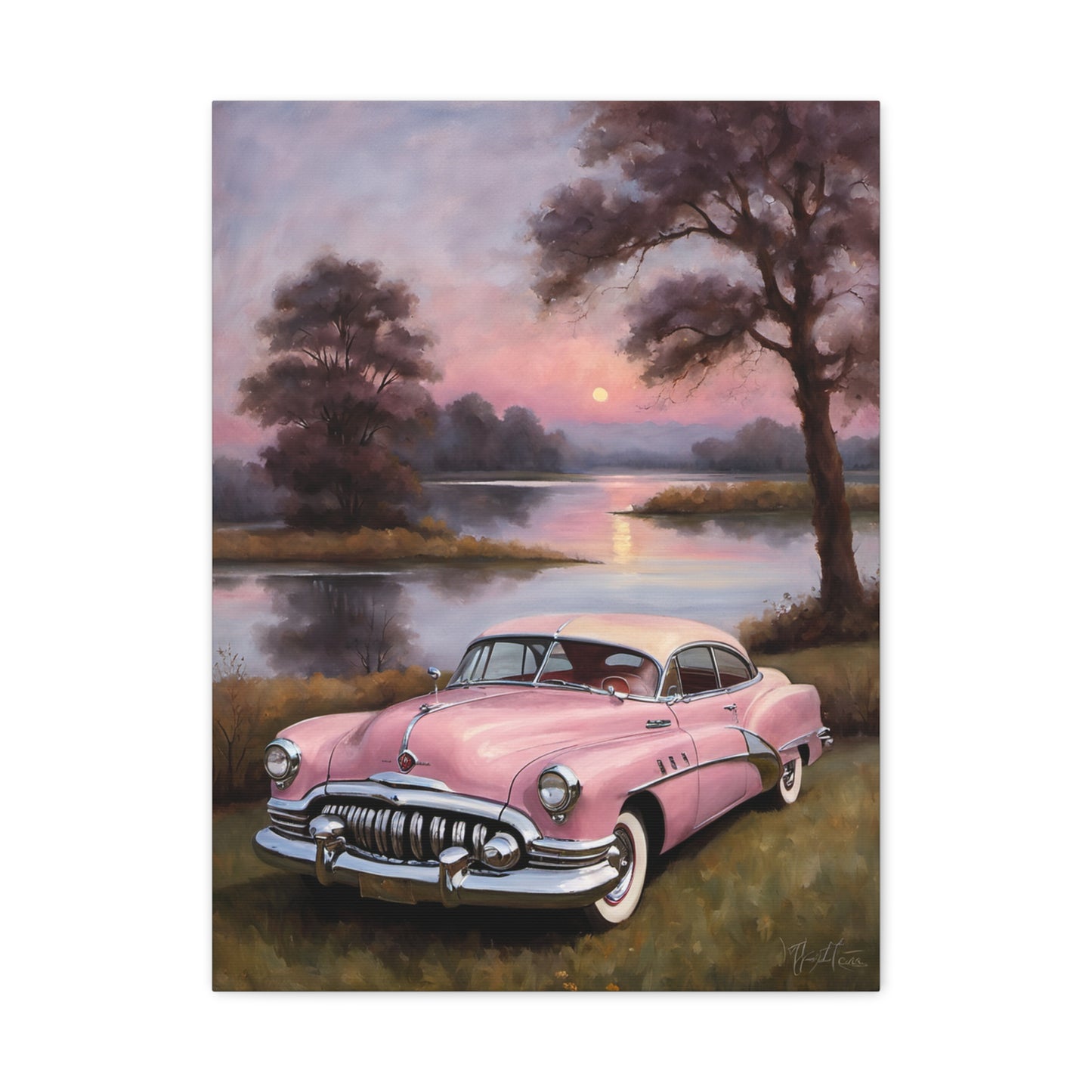 Vintage Car Canvas Art Prints featuring a retro pink car by a serene lakeside at sunset