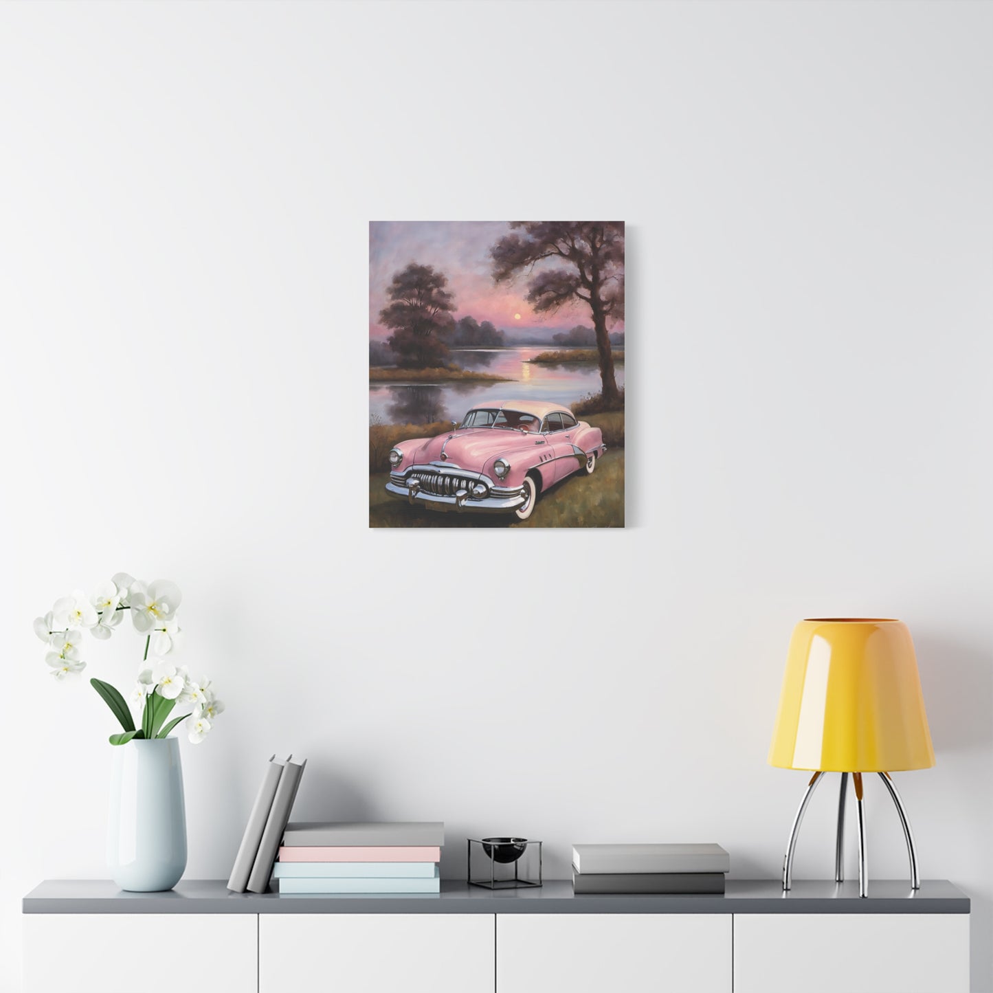 Vintage Car Canvas Art Prints featuring a classic pink car by a serene lake at sunset