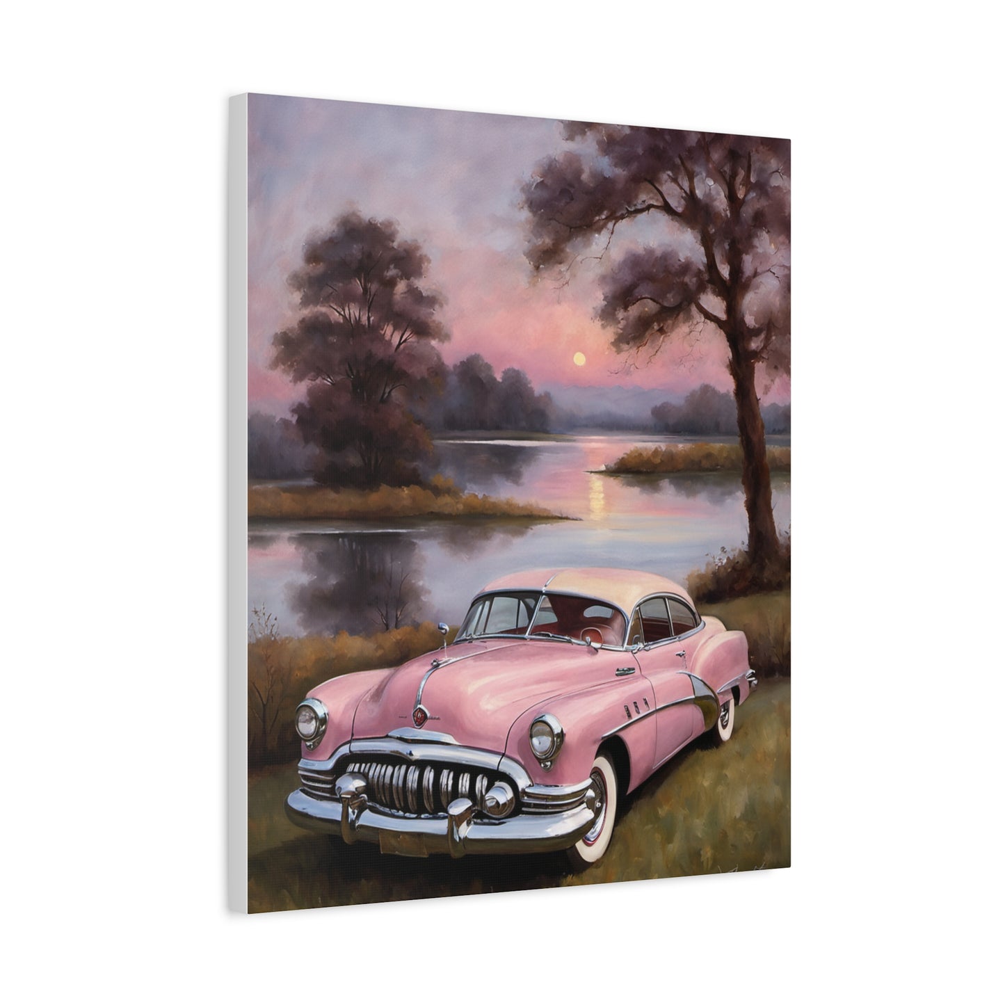 Vintage Car Canvas Art Prints featuring a classic pink car by a serene lakeside at sunset
