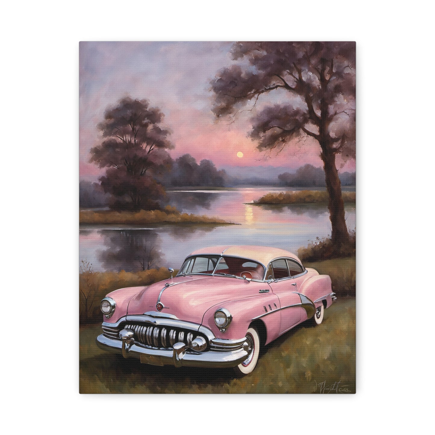 Vintage Car Canvas Art Prints featuring a pink old car by a serene lake at sunset