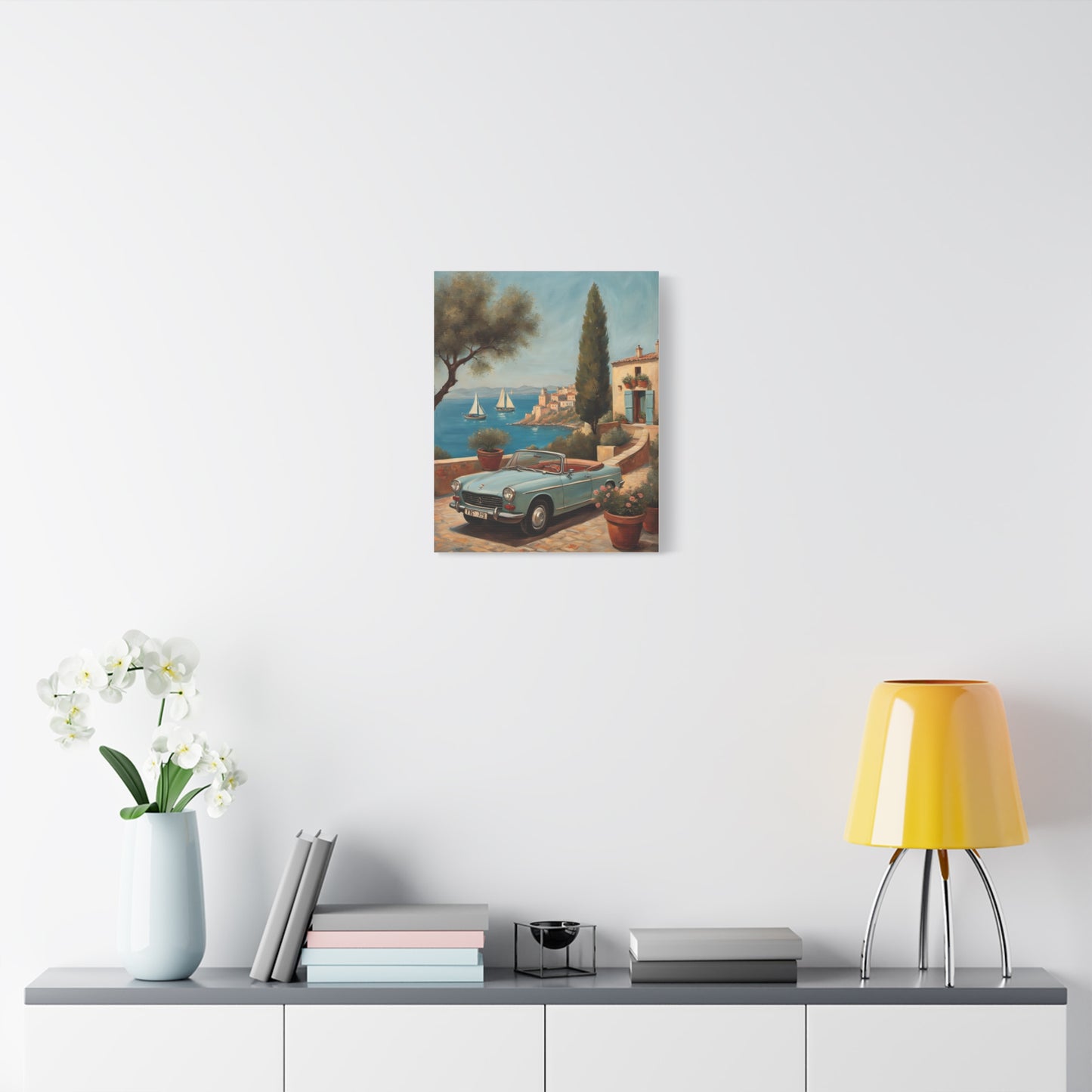 Vintage Car Canvas Print featuring a classic car by the seaside with vibrant colors and scenic background