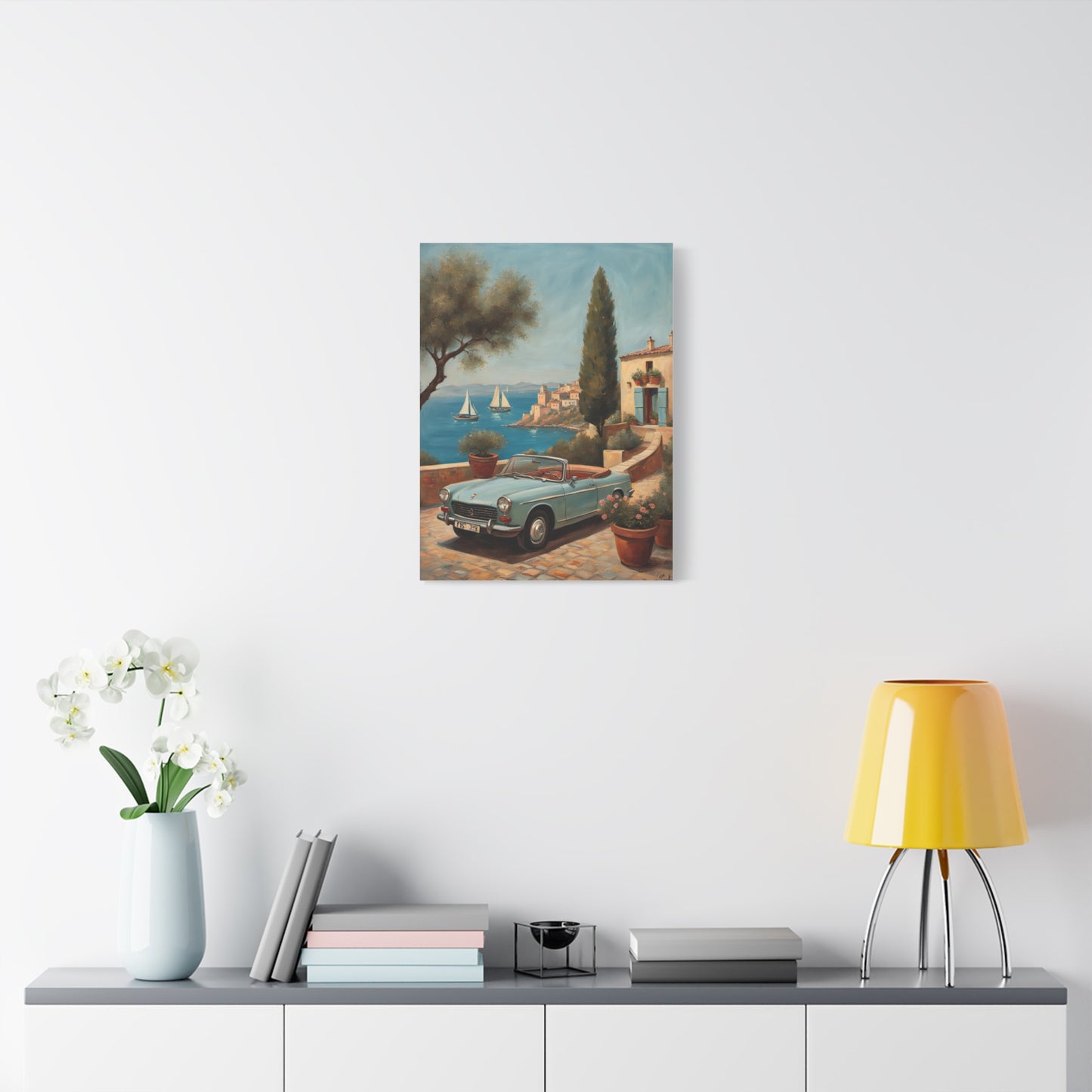 Vintage Car Canvas Print depicting a classic car by the seaside with boats in the background