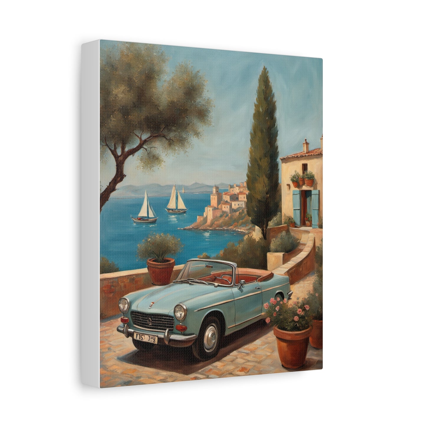 Vintage Car Canvas Print featuring a classic convertible by the seaside with sailboats in the background