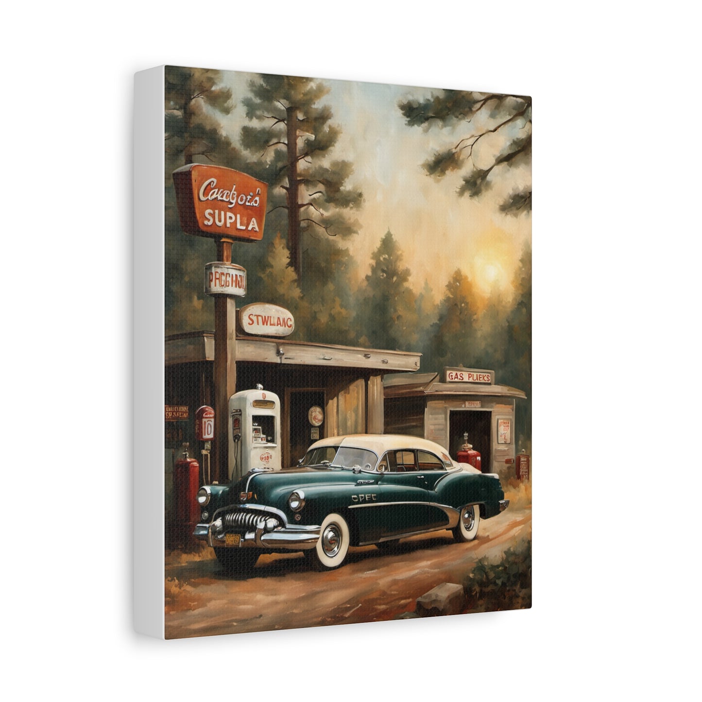 Vintage Car Canvas Print featuring a classic car at a retro gas station surrounded by tall trees