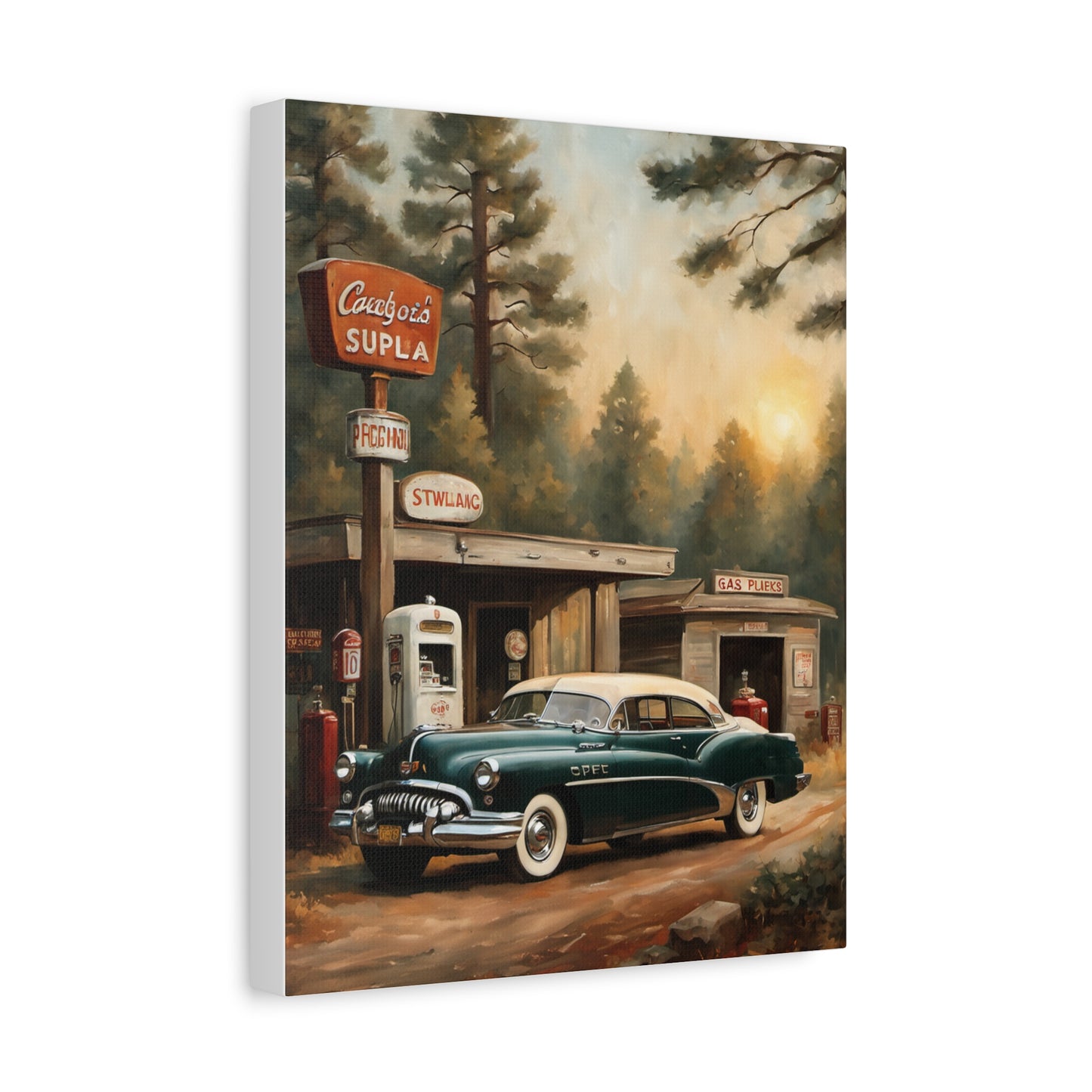 Vintage Car Canvas Print featuring a classic car at a retro gas station in a forest setting