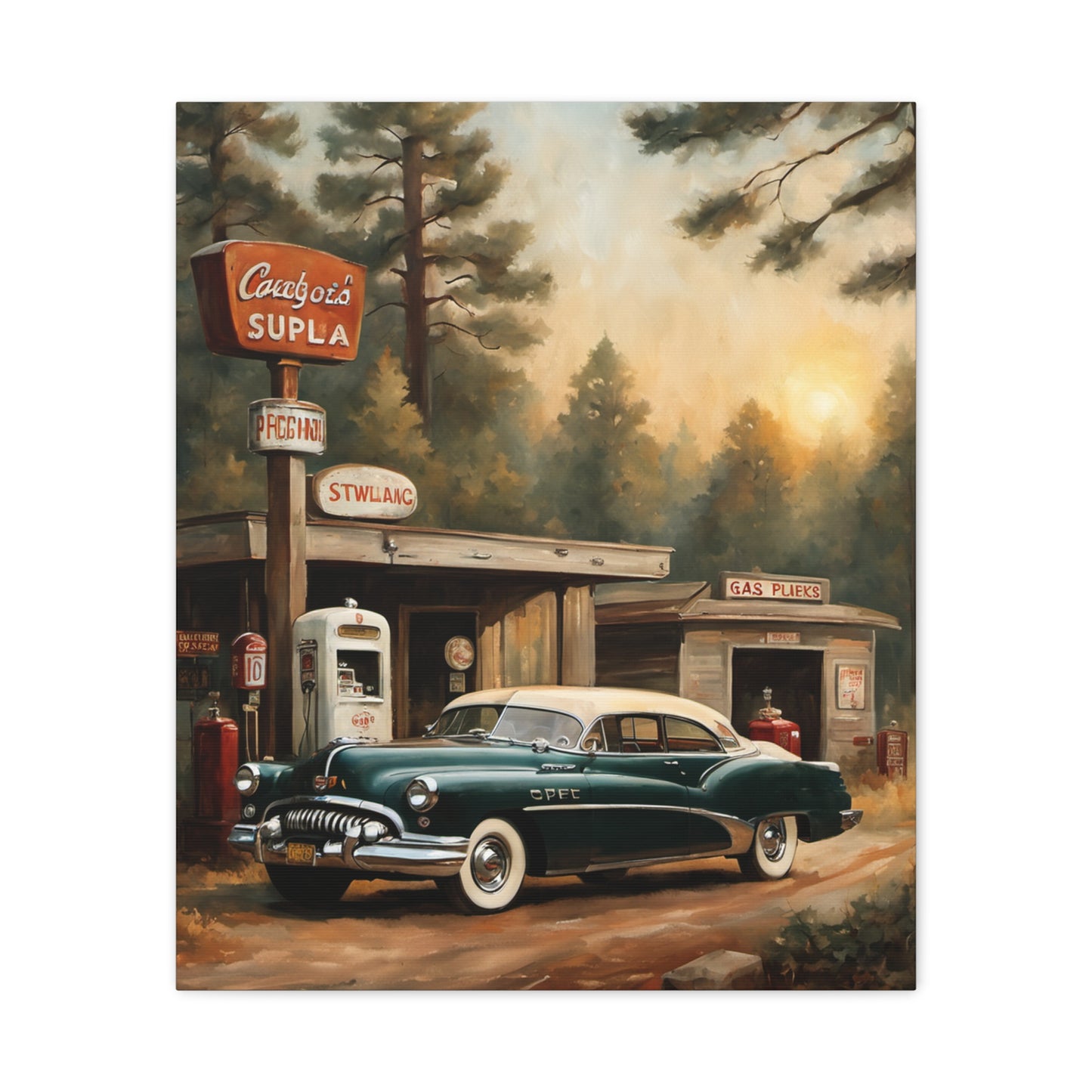 Vintage Car Canvas Print featuring a classic green car at a nostalgic gas station in a forest setting