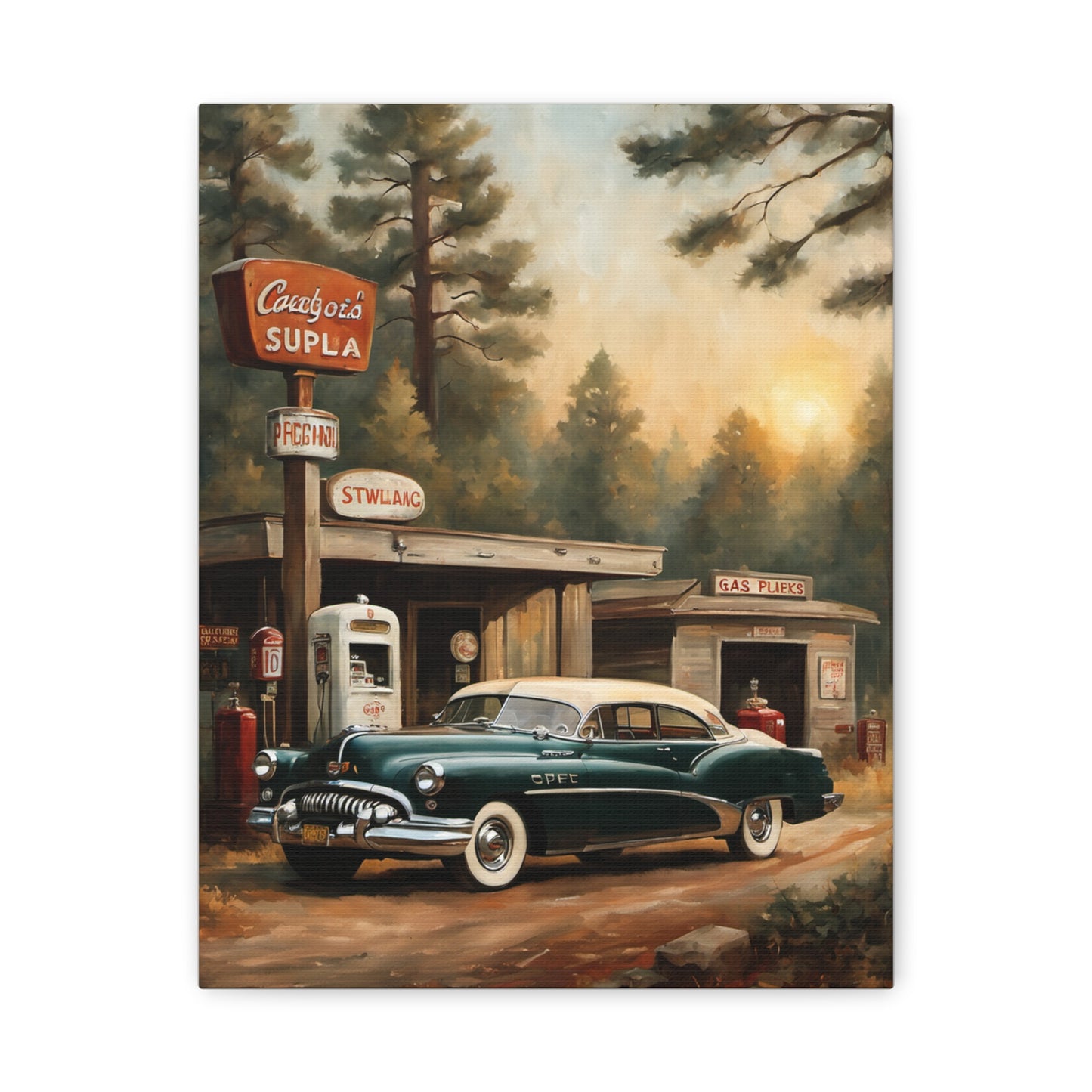 Vintage Car Canvas Print featuring a classic car at a retro gas station surrounded by pine trees