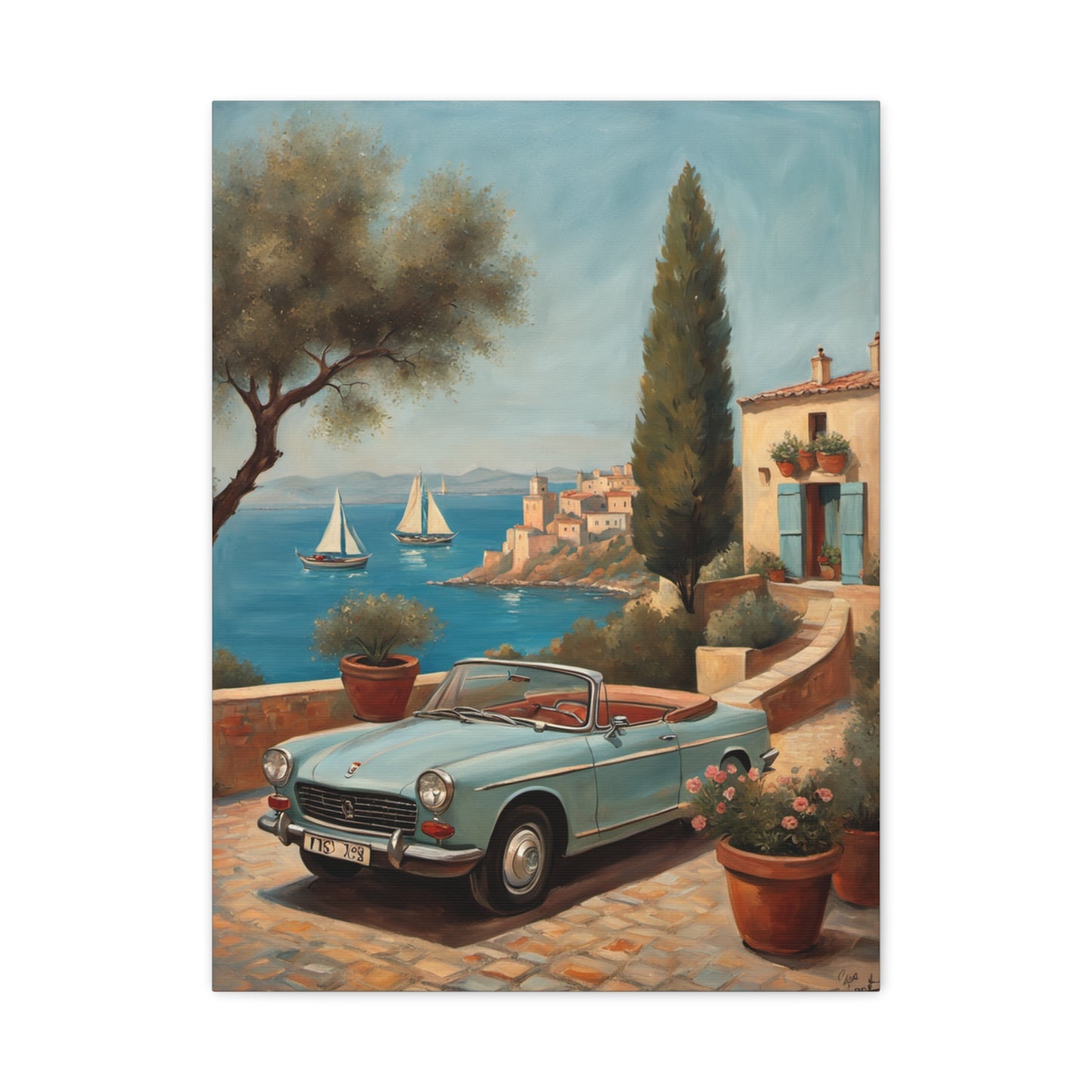 Vintage Car Canvas Print featuring a classic convertible by a coastal scene with boats and flowers