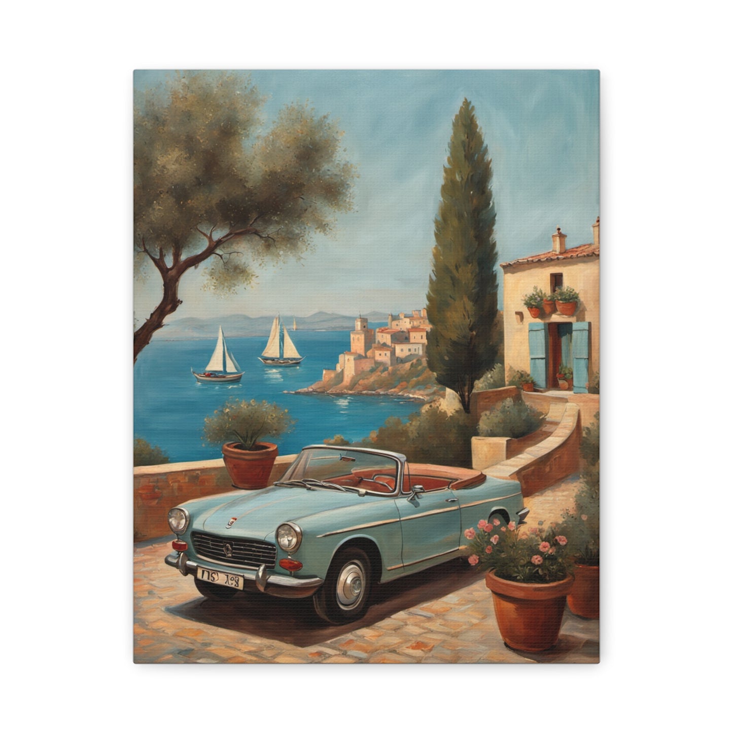 Vintage Car Canvas Print featuring a classic car by a coastal scene with sailboats and Mediterranean architecture