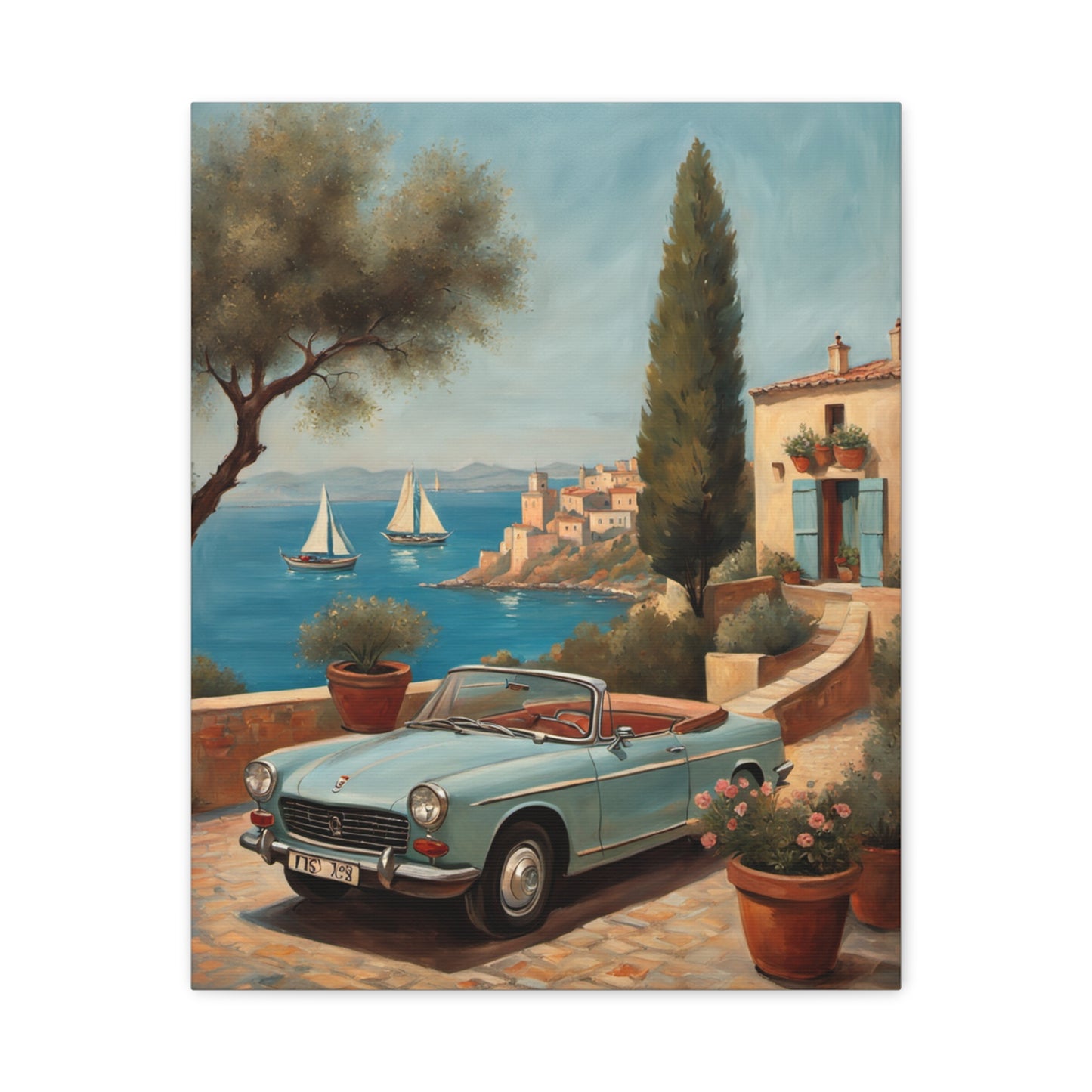 Vintage Car Canvas Print featuring a classic convertible near a scenic coastal view with sailboats