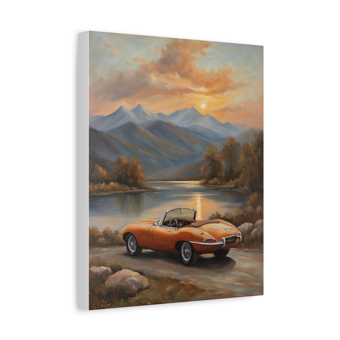 Vintage Car Canvas Print featuring an orange convertible by a serene lake at sunset