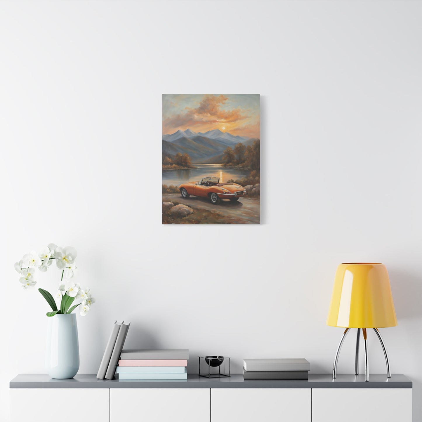 Vintage Car Canvas Print featuring a classic car against a serene mountain backdrop