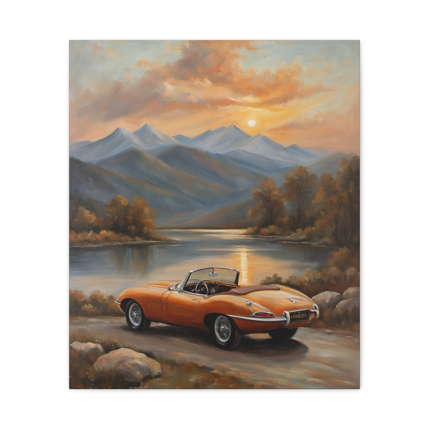 Stunning Vintage Car Canvas Print featuring an orange classic car by a serene mountain lake at sunset