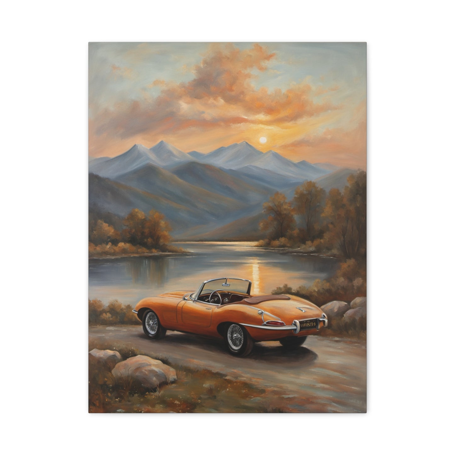 Vintage Car Canvas Print featuring an orange classic car beside a scenic lake and mountains at sunset