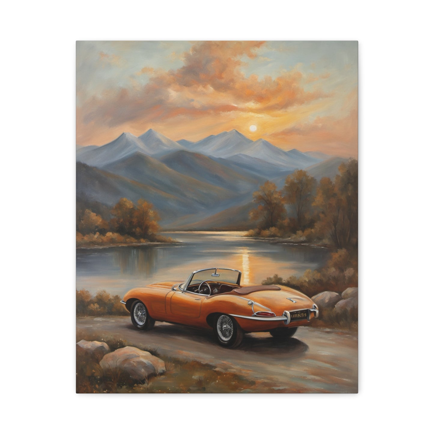 Vintage Car Canvas Print featuring an orange classic car parked near a scenic lake at sunset