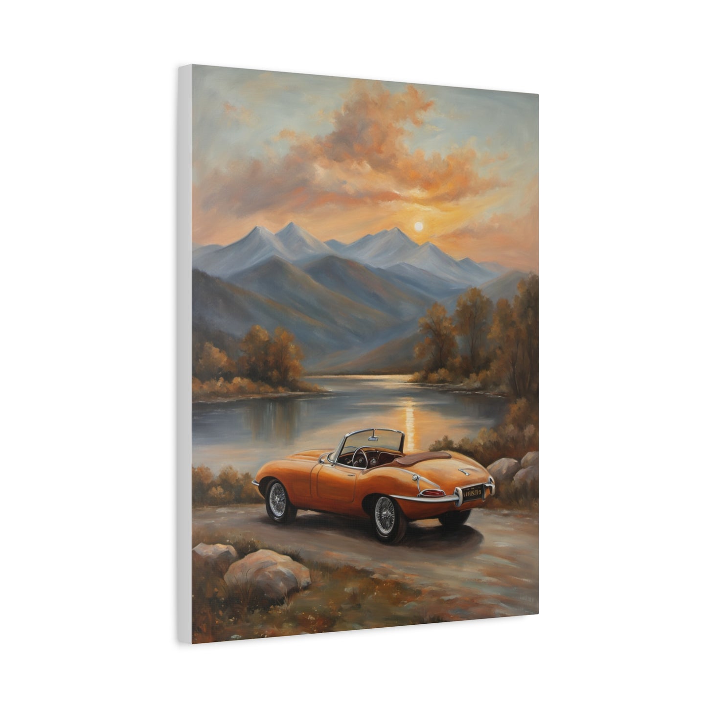 Vintage Car Canvas Print featuring an orange sports car by a serene lake with mountains at sunset