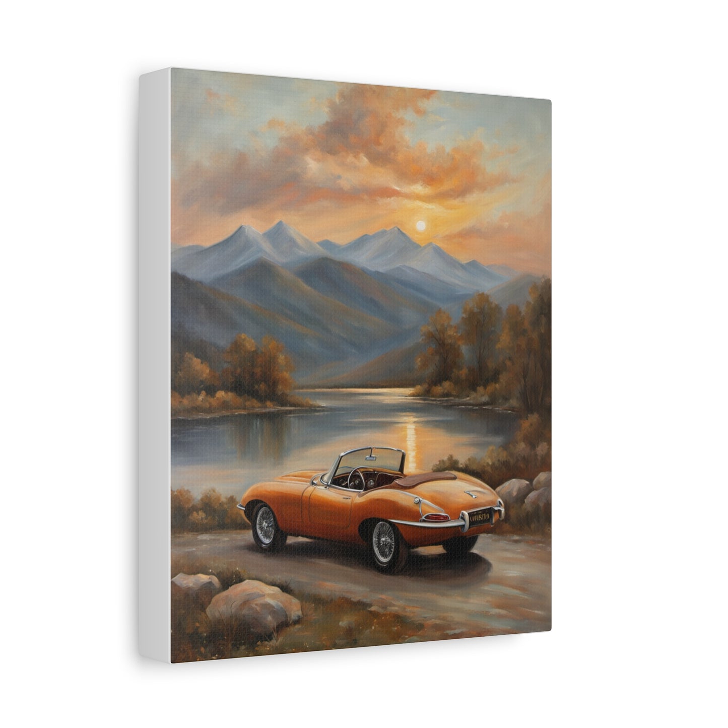 Vintage Car Canvas Print featuring an orange convertible near a serene lake at sunset