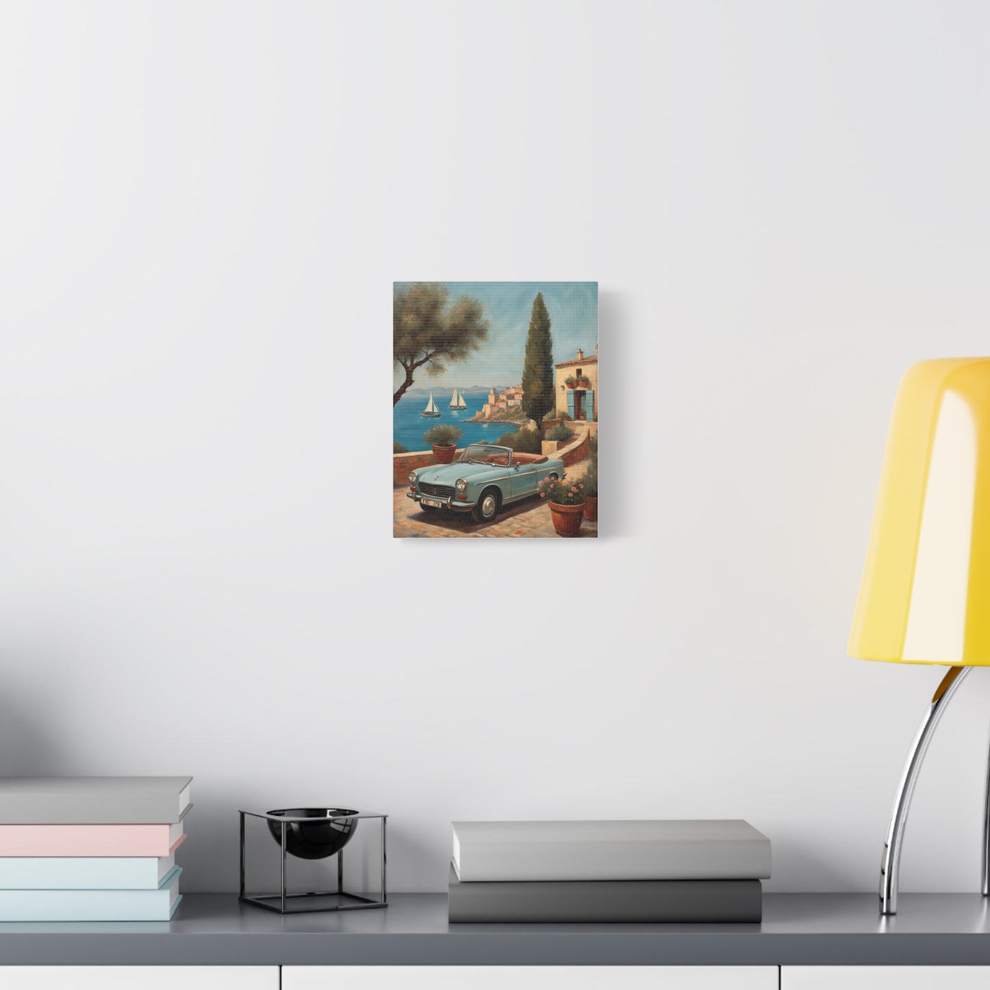 Vintage Car Canvas Print featuring a classic car beside a scenic coastal landscape