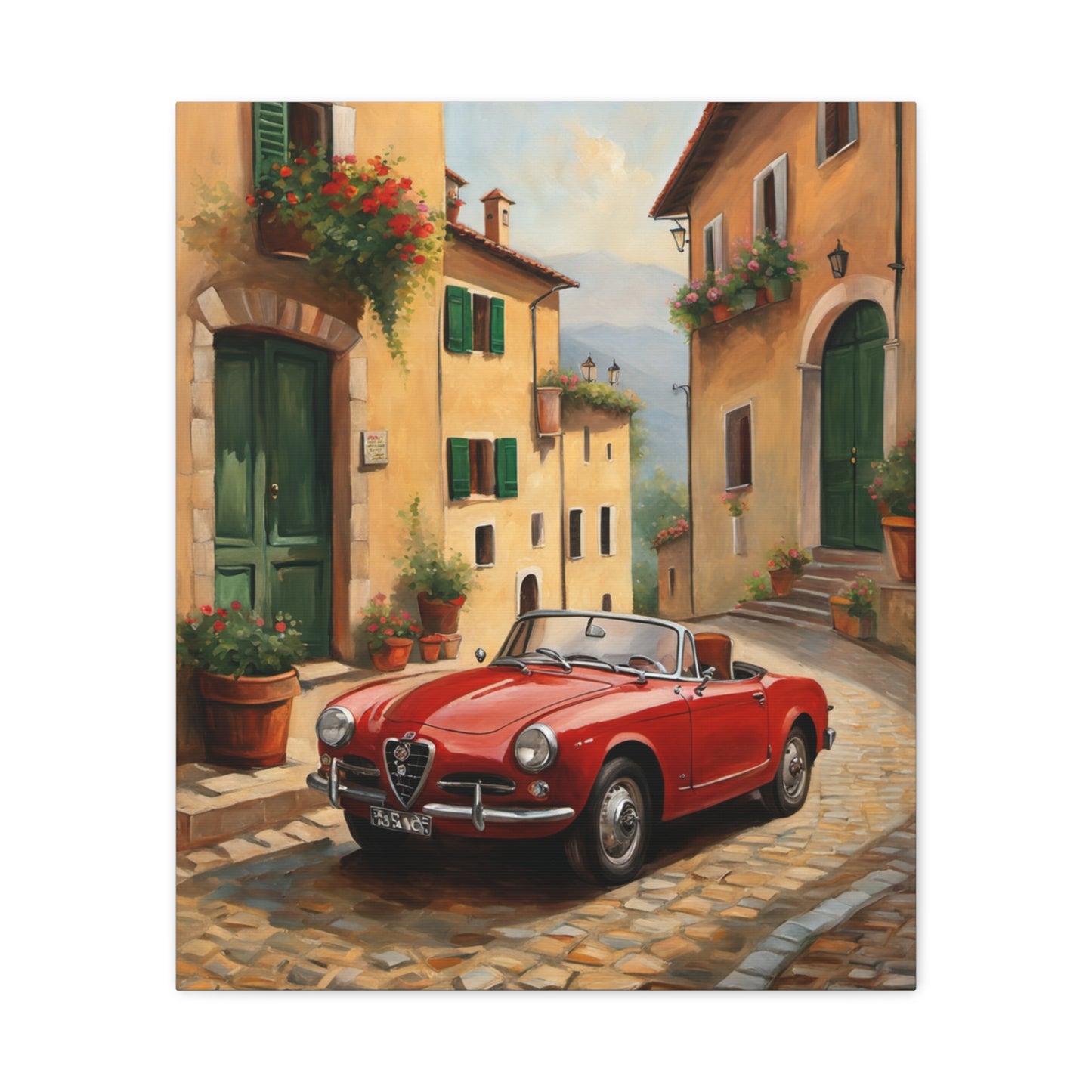 Vintage Car Canvas Wall Art featuring a nostalgic red car parked in a charming cobblestone street