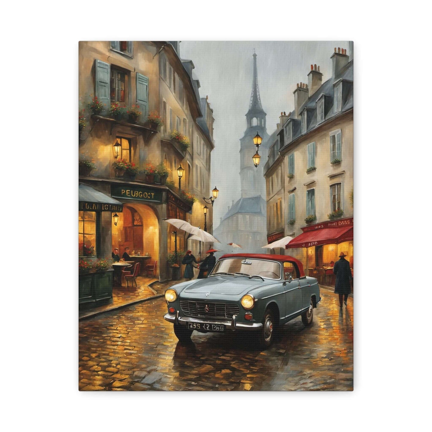 Vintage car cityscape canvas art featuring a classic car in a charming, rainy street scene