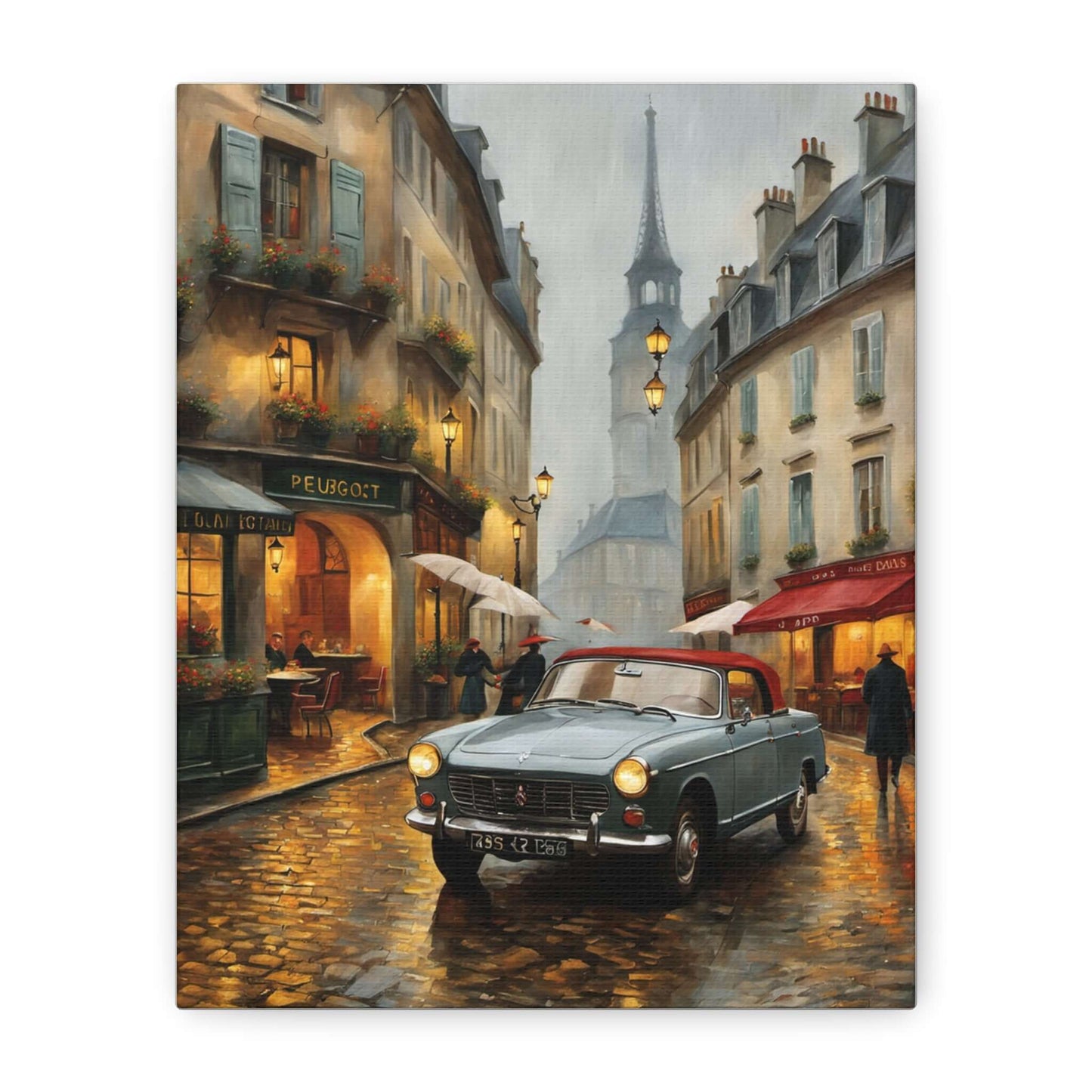 Vintage car cityscape canvas art featuring a classic car on a rainy street near Paris cafes