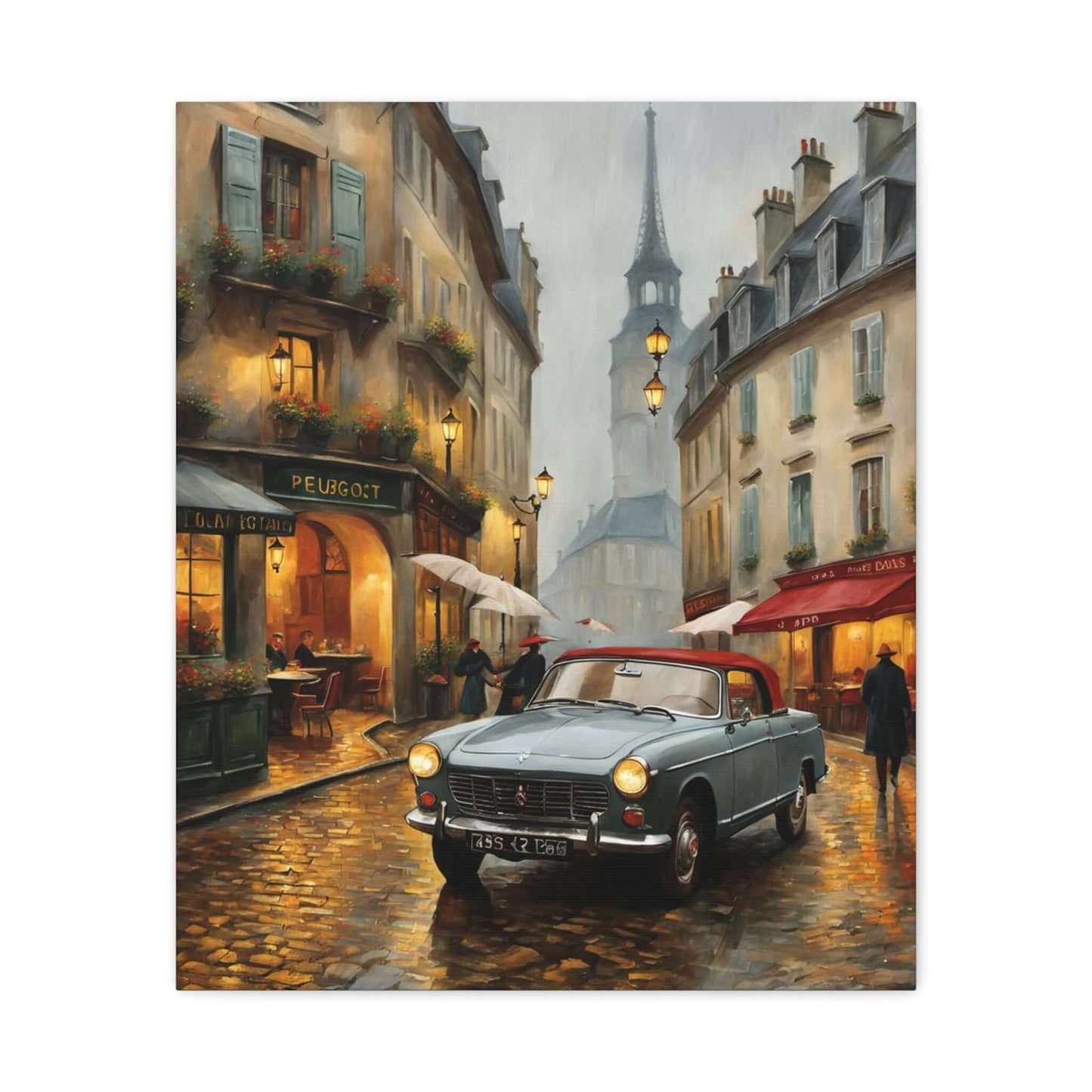 Vintage car cityscape canvas art featuring a classic car in a rainy Paris street landscape