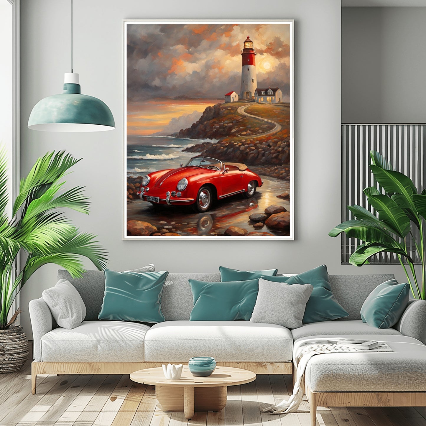 Vintage car coastal artwork featuring a red convertible by a lighthouse on a rocky shore