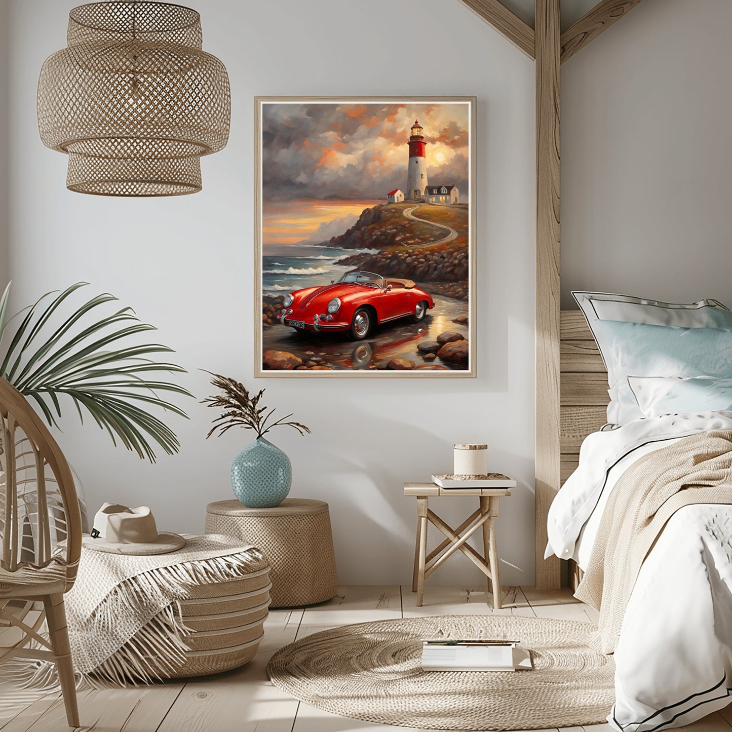 Vintage car coastal artwork featuring a red vintage car by the ocean with a lighthouse in the background