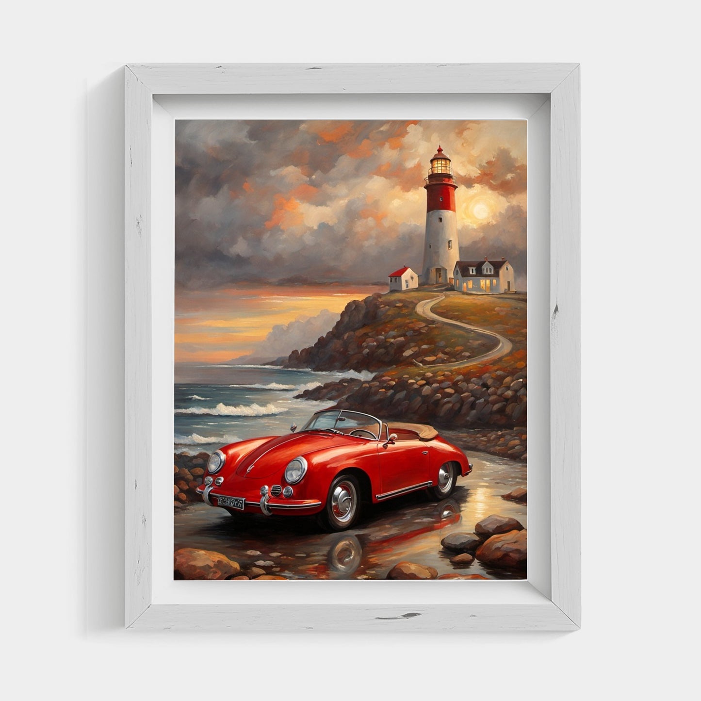 Vintage car coastal artwork featuring a red classic car by the rocky shore with a lighthouse at sunset