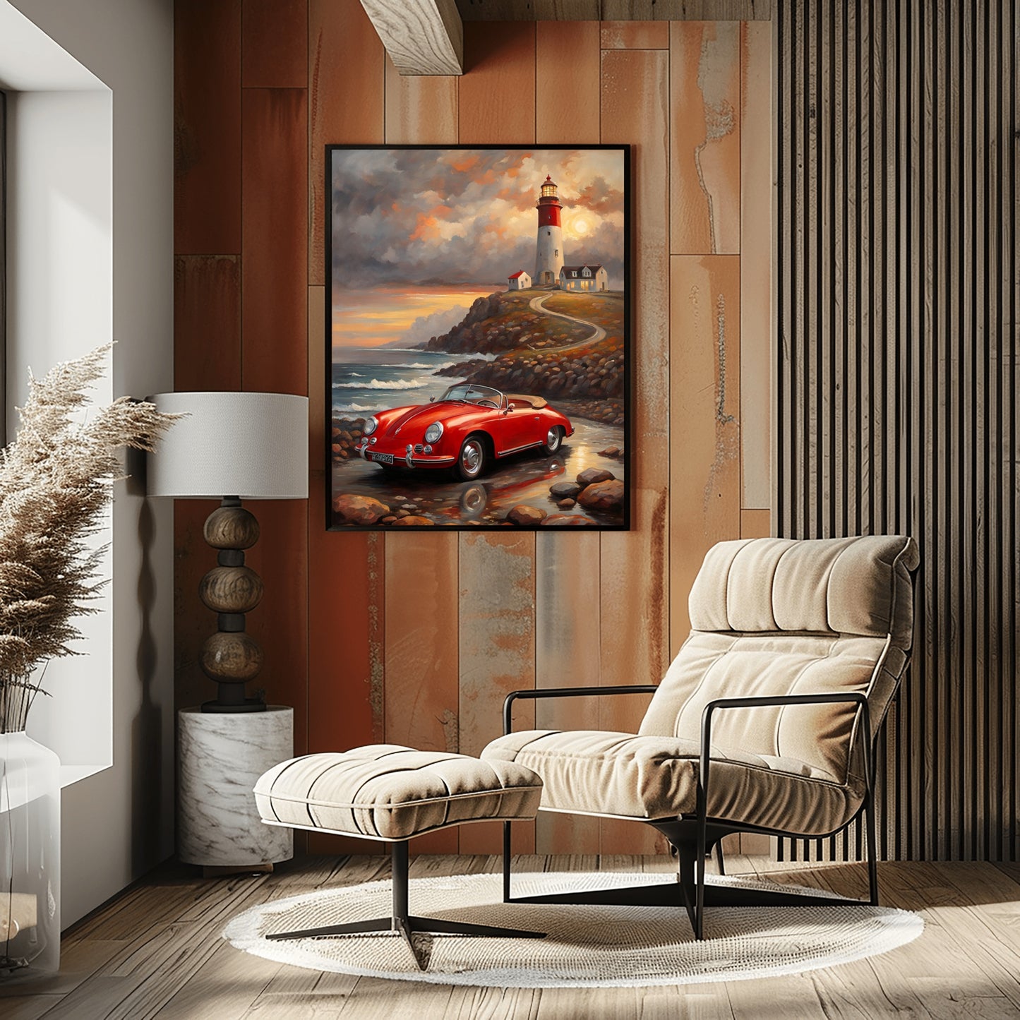 Vintage car coastal artwork digital print featuring a red classic car near a lighthouse hanging in modern living room