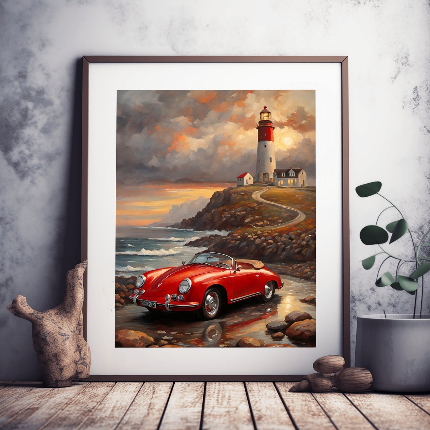 AquilVision digital vintage car coastal artwork featuring a red classic car by a lighthouse on a rocky shore