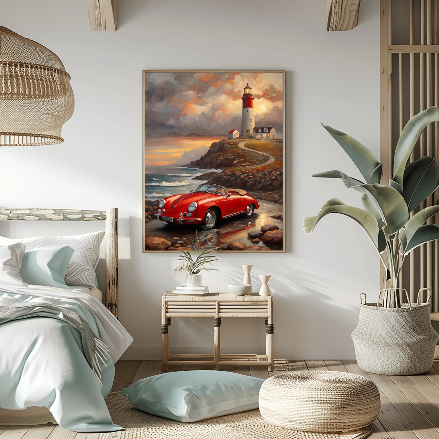 Vintage car coastal artwork featuring a red classic car by a lighthouse at sunset in a modern bedroom