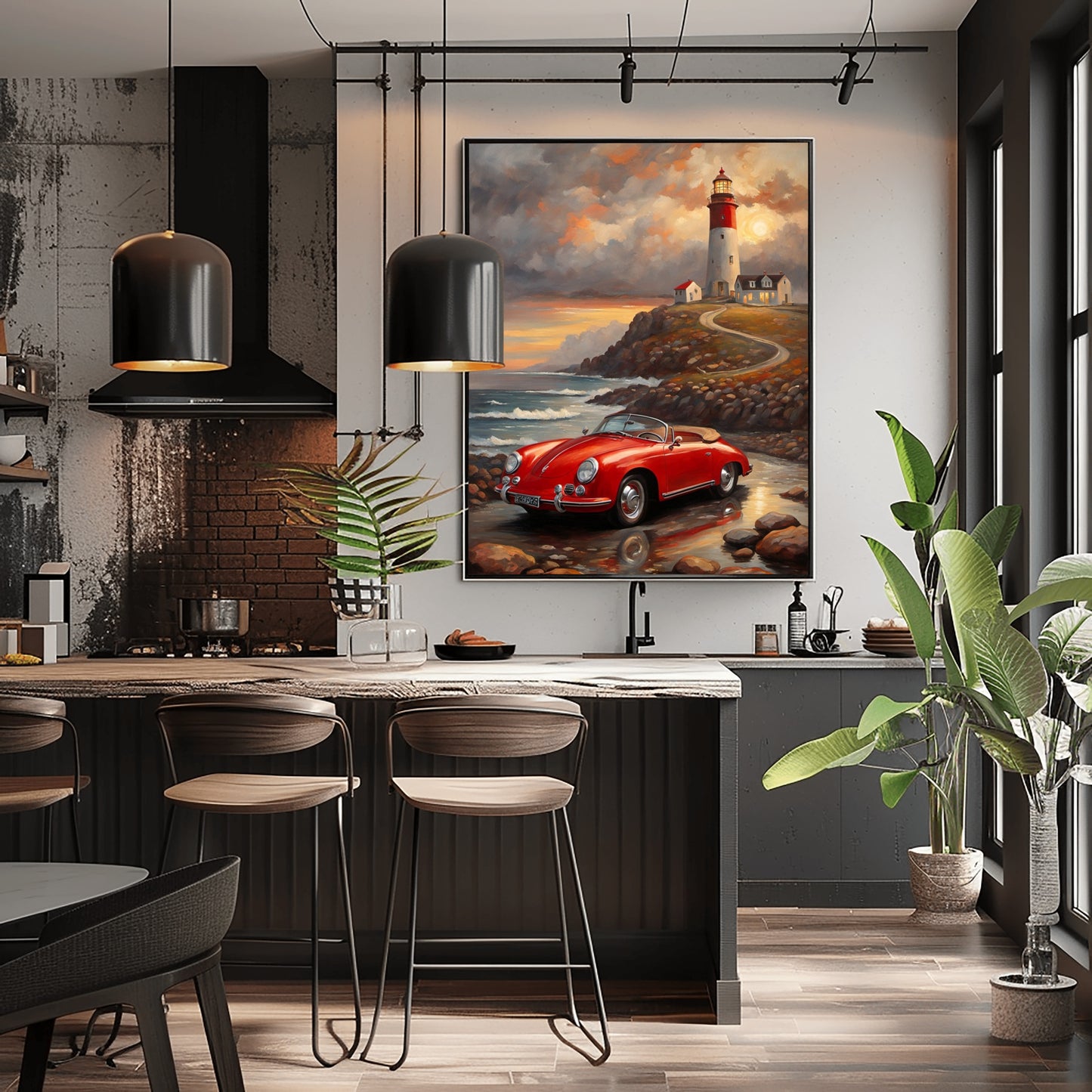 vintage car coastal artwork featuring red classic car by lighthouse wall print in modern kitchen