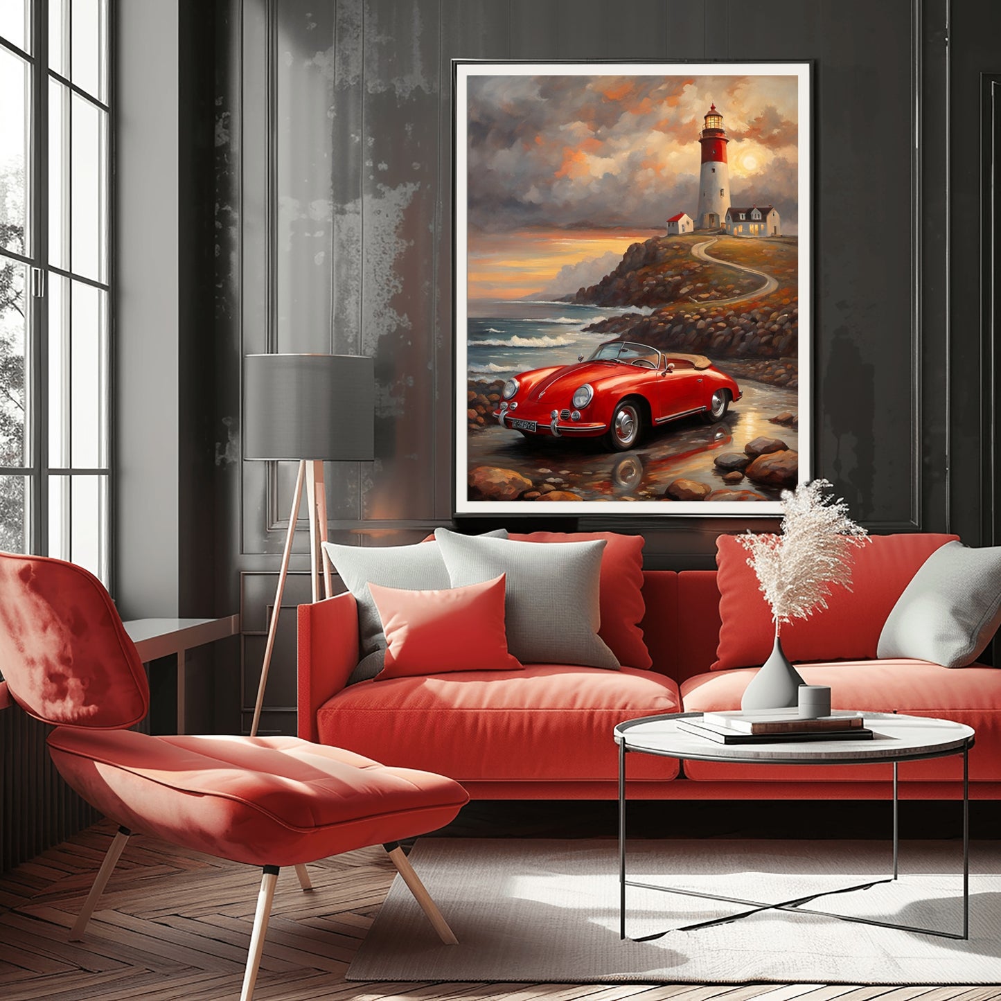 Vintage car coastal artwork digital print by AquilVision featuring a red vintage car near a lighthouse on a rocky shore