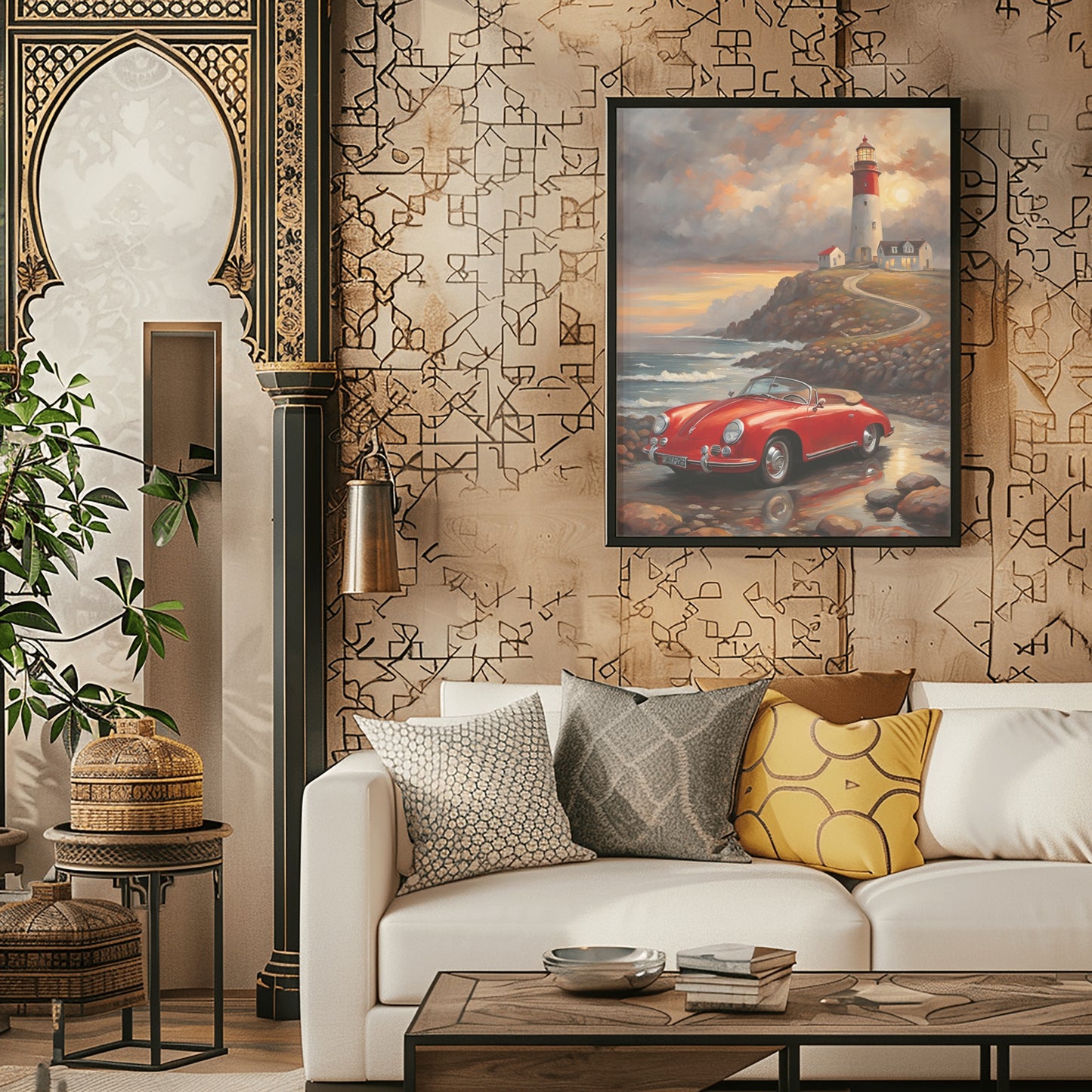 Framed vintage car coastal artwork featuring a red convertible and lighthouse above a white sofa in living room