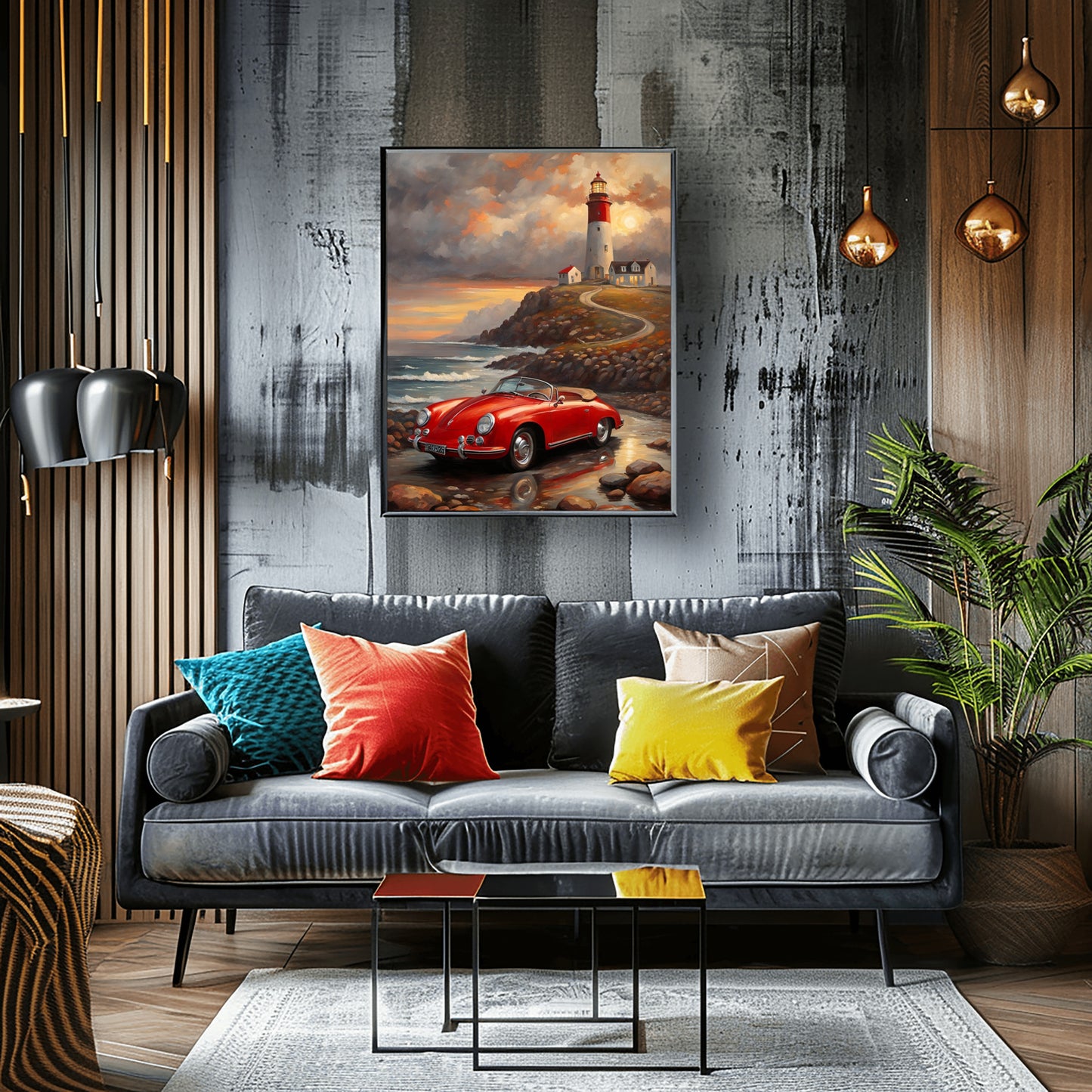 Vintage car coastal artwork featuring a red classic car by a lighthouse hanging above a modern living room sofa