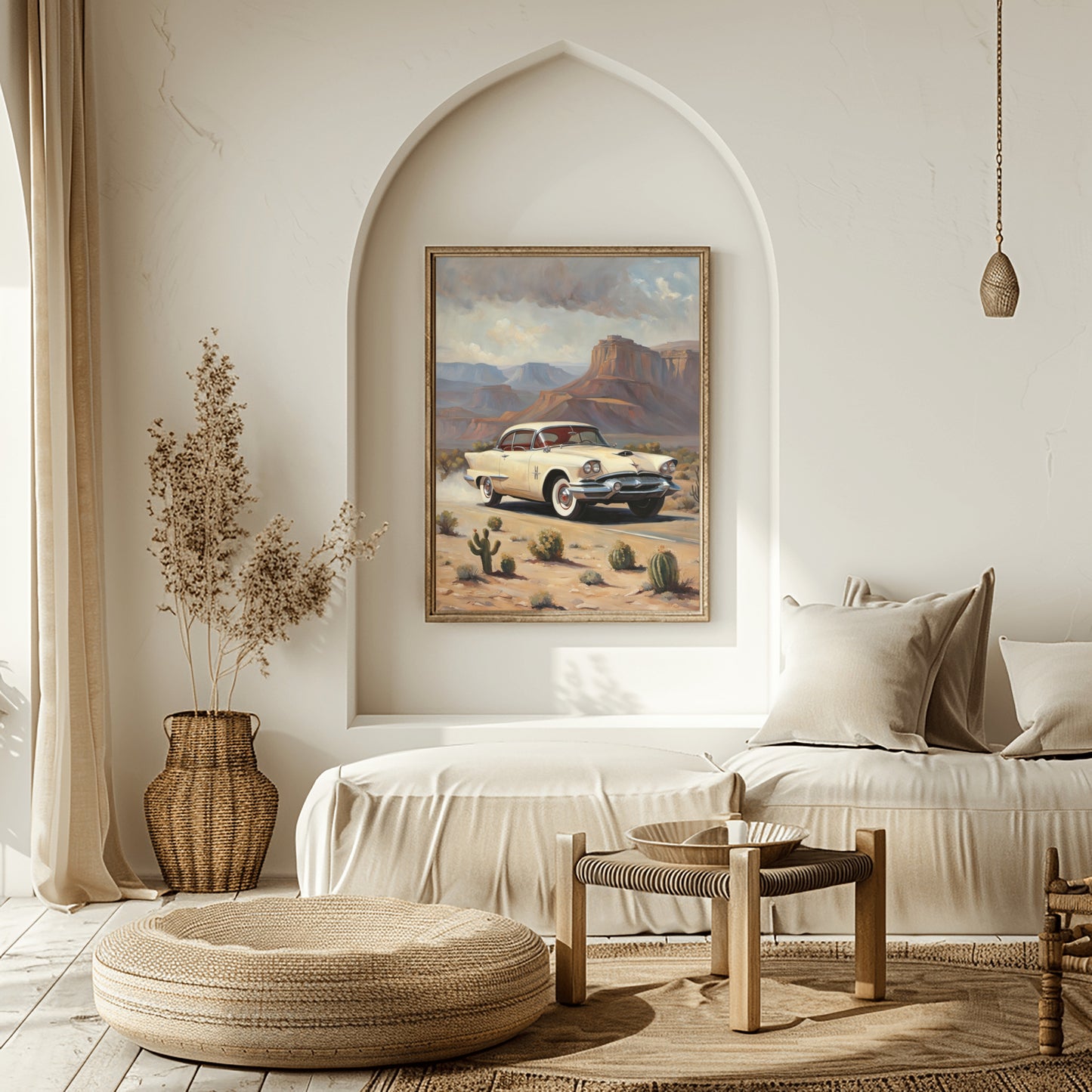 AquilVision desert highway wall art featuring a vintage car in a desert landscape hanging in a neutral-toned modern living room