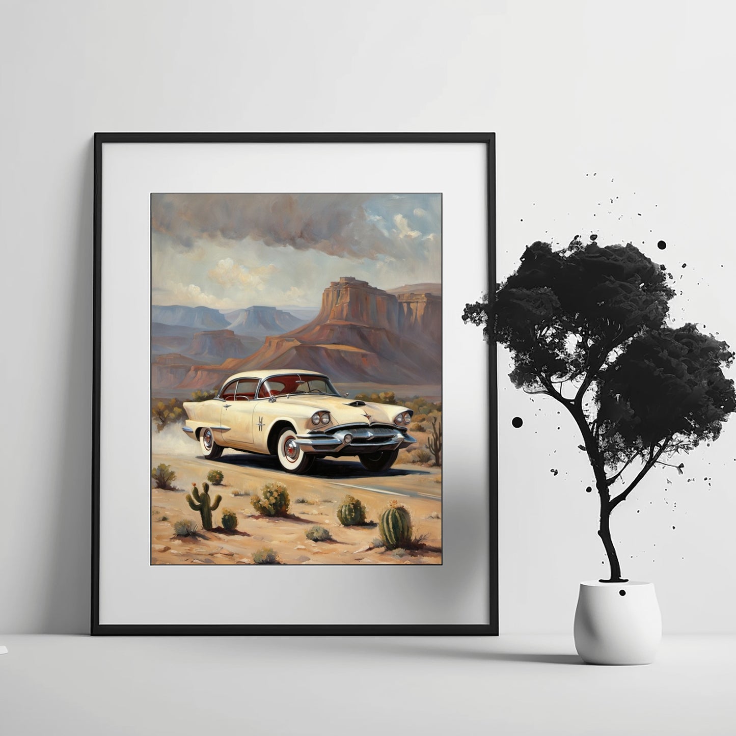 AquilVision digital desert highway wall art featuring a vintage car on a desert road with mountains in the background