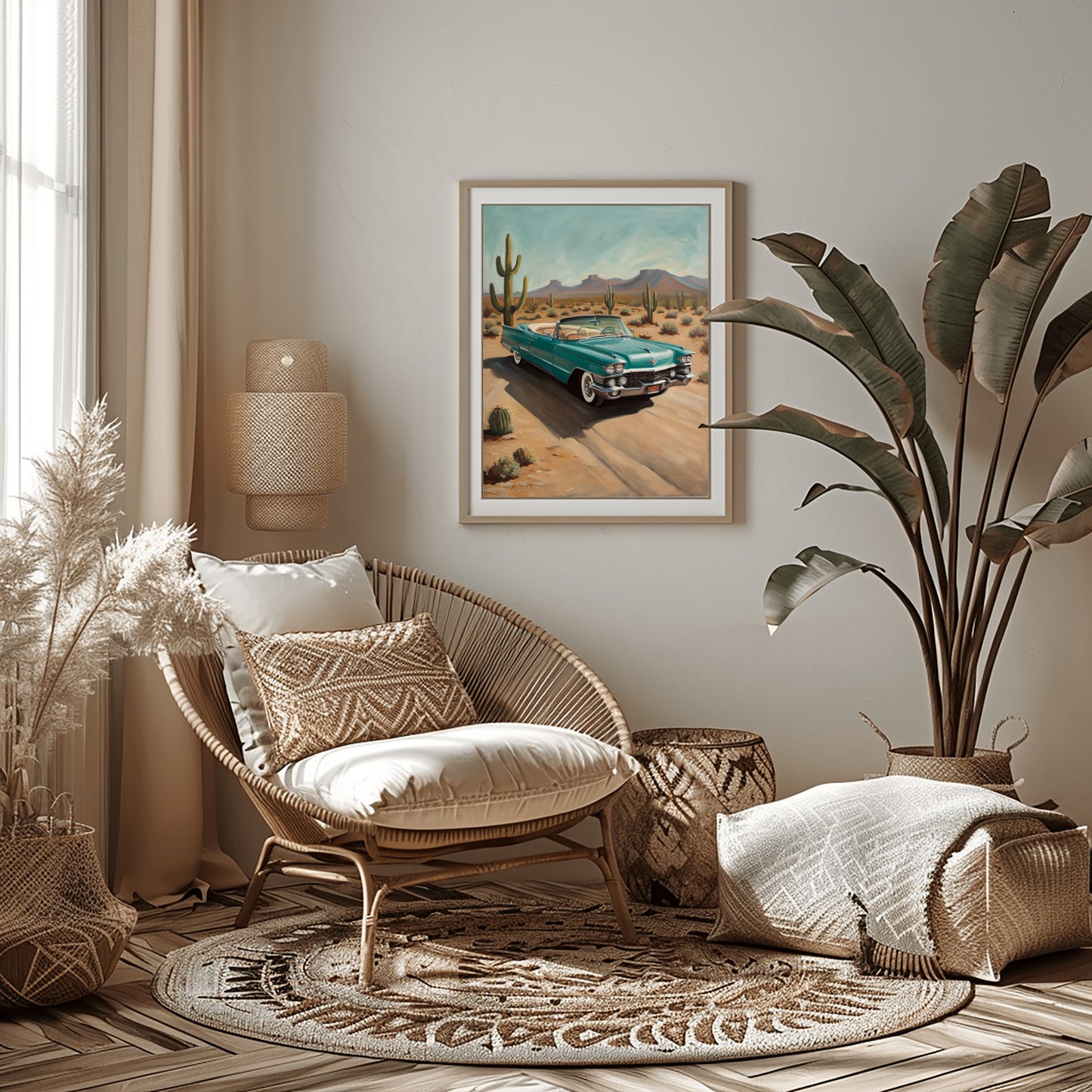 AquilVision desert highway wall art featuring a vintage car driving on a desert road with cacti in a cozy living room