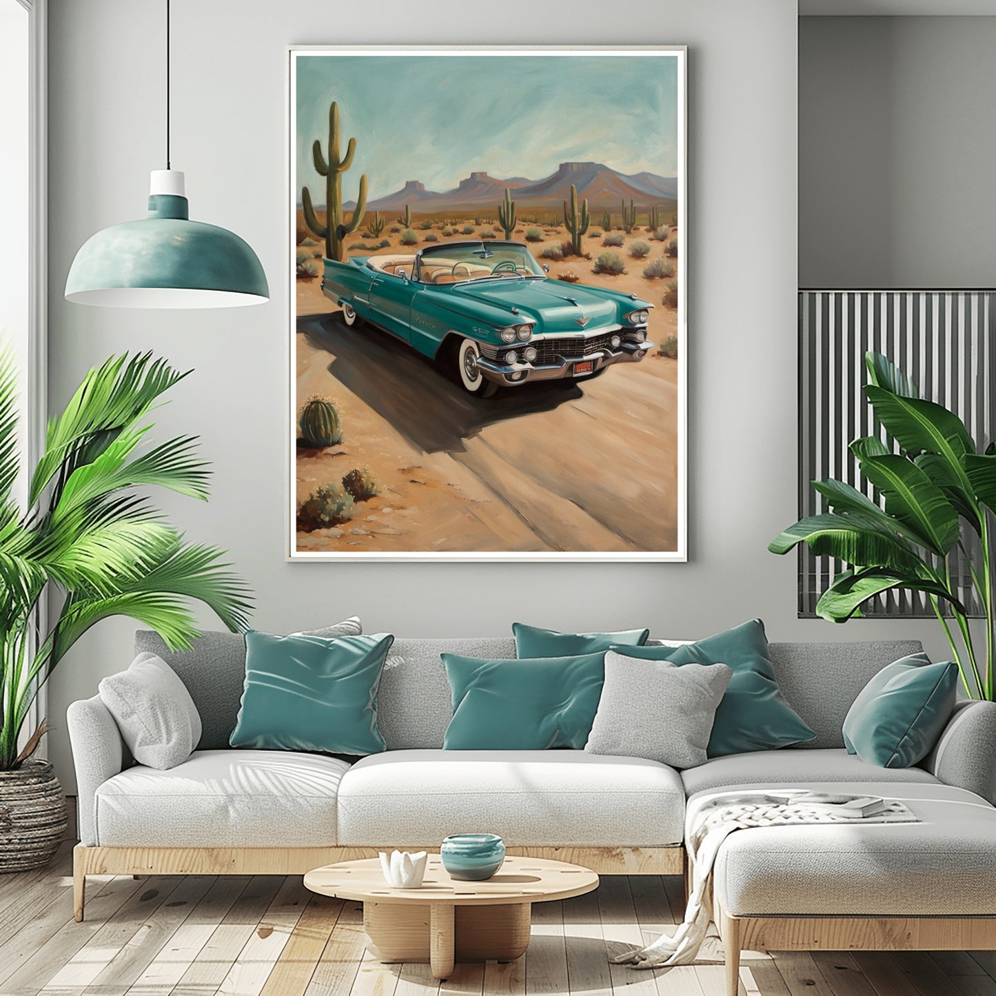 Desert highway wall art featuring a vintage teal convertible car on a desert road with cacti and mountains