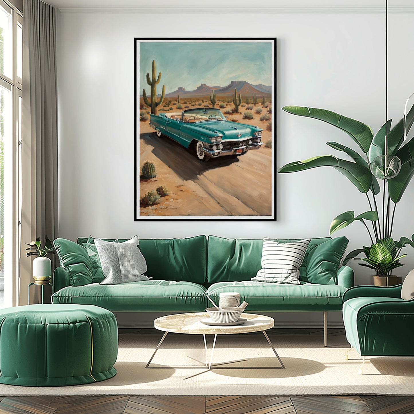 AquilVision desert highway wall art featuring a vintage car driving through a cactus-filled desert landscape