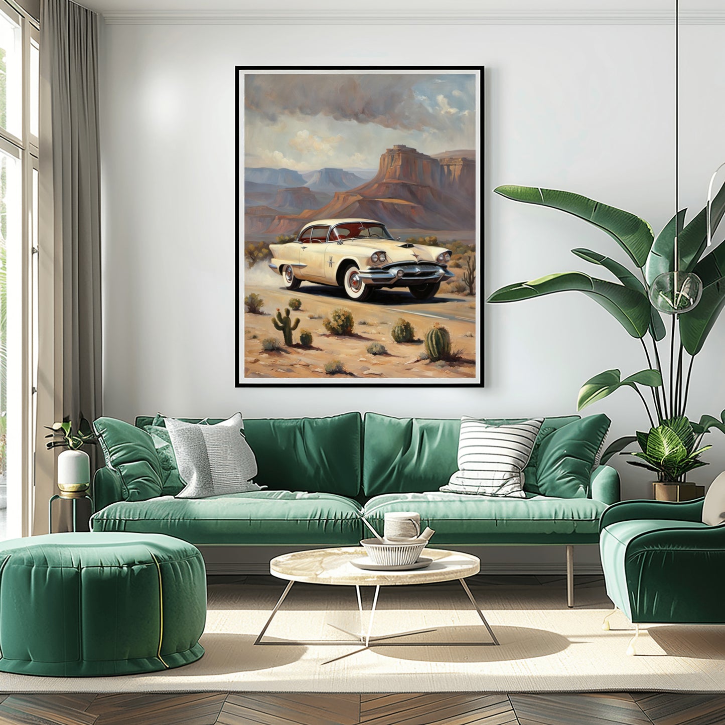 Desert highway wall art featuring a vintage car in a desert landscape above a green sofa in a modern living room
